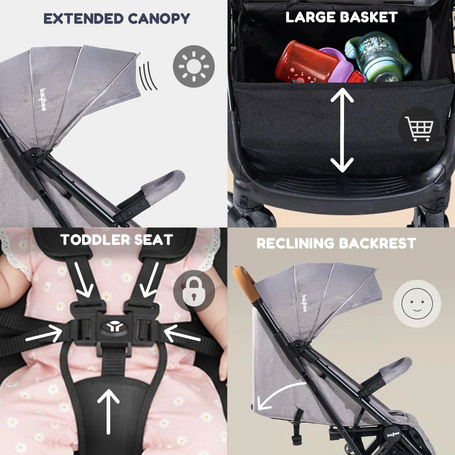 کالسکه مسافرتی کودک Baybee، کالسکه تاشو سبک وزن نوزاد با قابلیت تنظیم 2 حالته، سایبان، دسته گرد و کمربند ایمنی | کالسکه کودک برای کودکان نوپا 0-3 سال پسر دختر (خاکستری/مشکی)