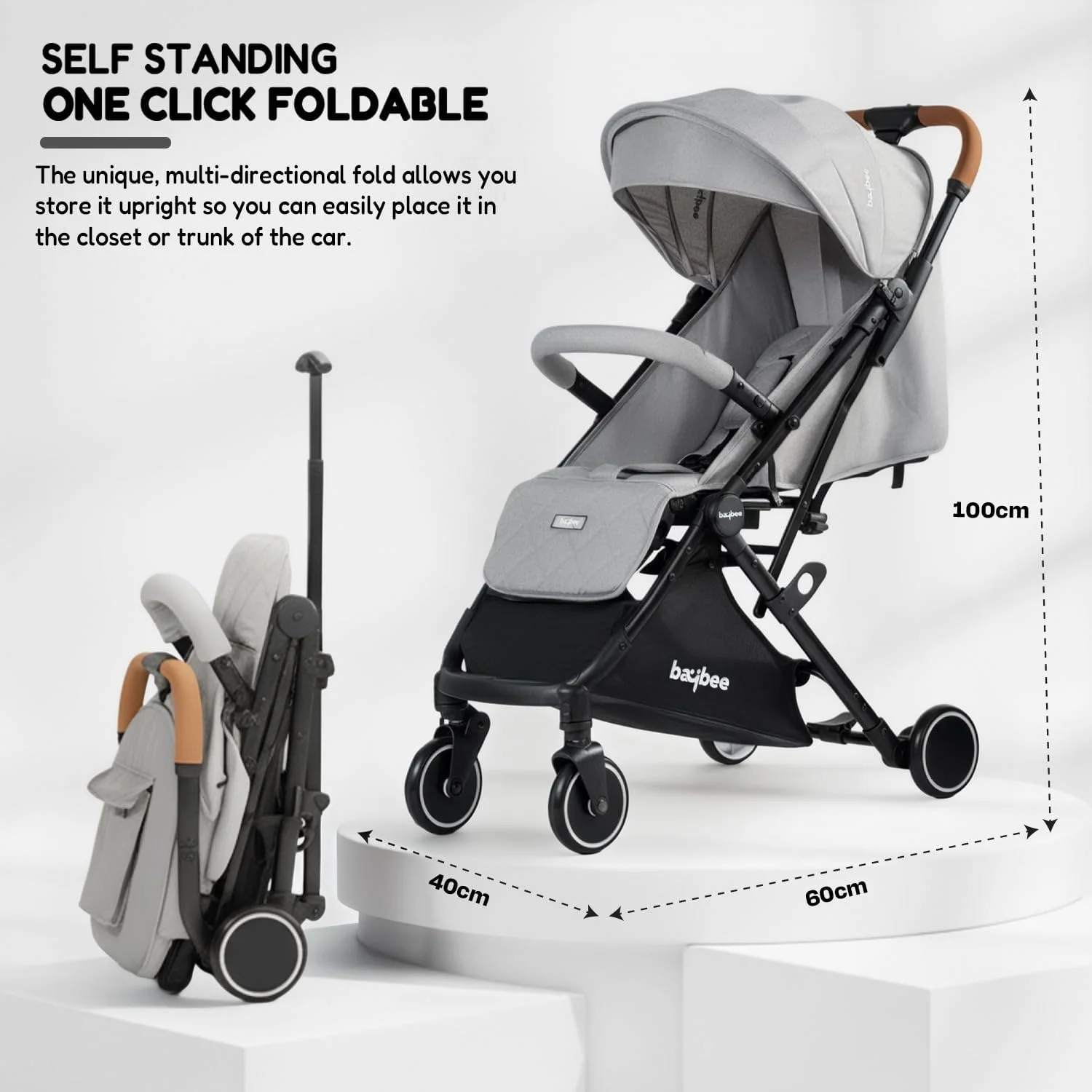 کالسکه مسافرتی کودک Baybee، کالسکه تاشو سبک وزن نوزاد با قابلیت تنظیم 2 حالته، سایبان، دسته گرد و کمربند ایمنی | کالسکه کودک برای کودکان نوپا 0-3 سال پسر دختر (خاکستری/مشکی)