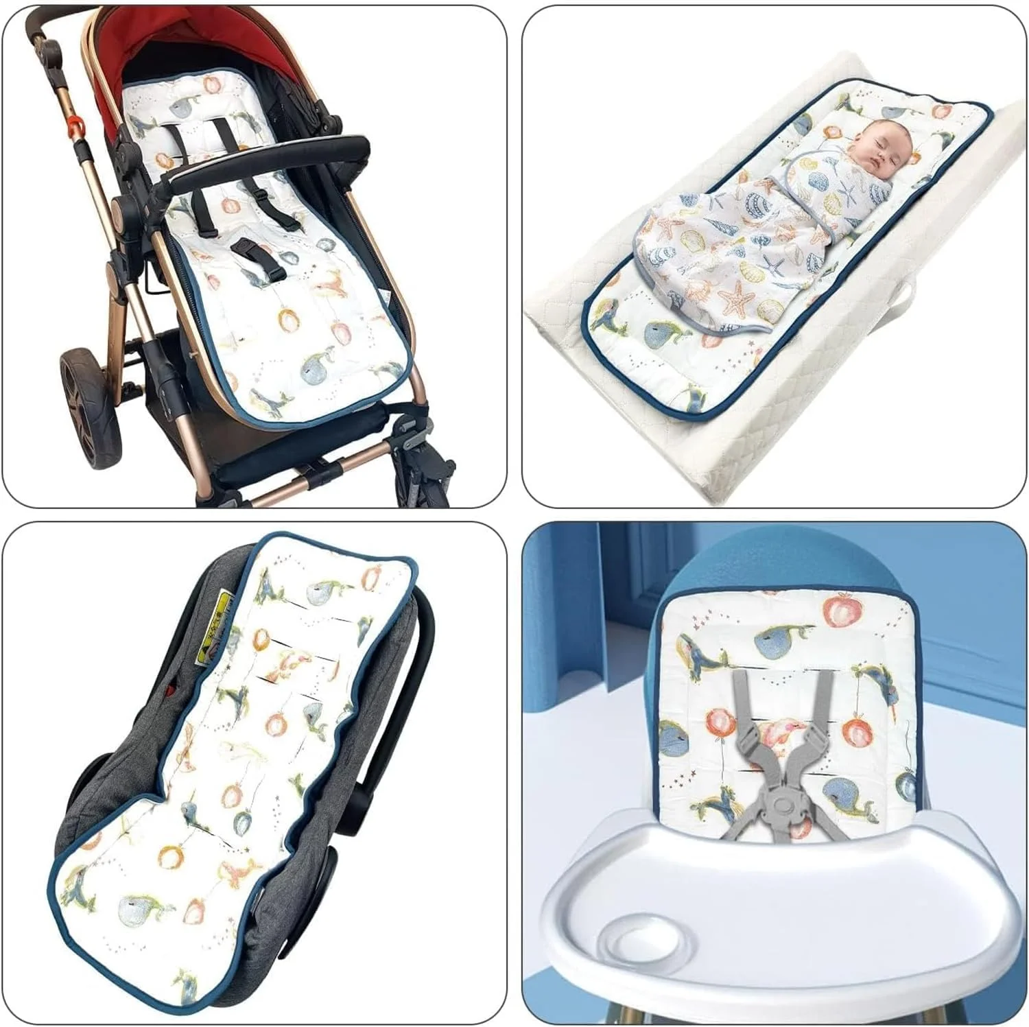 تشک صندلی کالسکه کودک Xspring، ابعاد 74×33 سانتی متر، پد صندلی ماشین کودک، آستر پد صندلی پنبه ای برای کالسکه، تشک کالسکه نوزاد نرم و قابل تنفس دو طرفه، پد صندلی کودک نوپا (آبی)