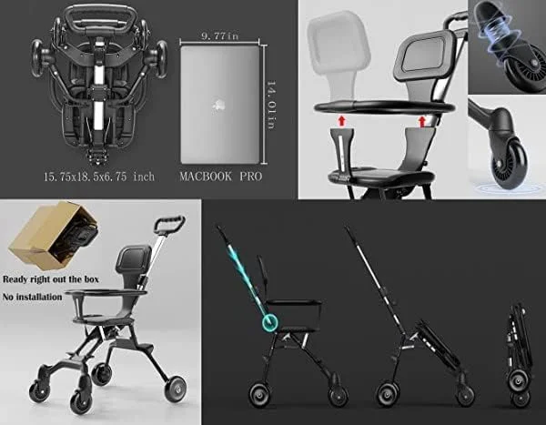 کالسکه جیبی برای مسافرت، کالسکه مناسب هواپیما - کالسکه فرودگاهی جمع و جور قابل حمل - کالسکه کوچک برای مسافرت کودکان نوپا - کالسکه تمام سطوح برای کودکان نوپا، مناسب تا وزن 30 کیلوگرم، مشکی