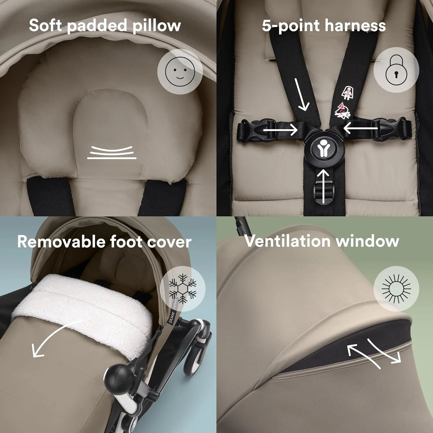کالسکه کامل YOYO3 Stokke YOYO از بدو تولد - شامل فریم سفید + بسته رنگی YOYO 6+ + بسته نوزادی 0+ - Taupe