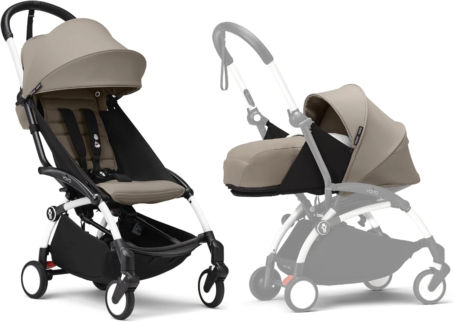 کالسکه کامل YOYO3 Stokke YOYO از بدو تولد - شامل فریم سفید + بسته رنگی YOYO 6+ + بسته نوزادی 0+ - رنگ Taupe