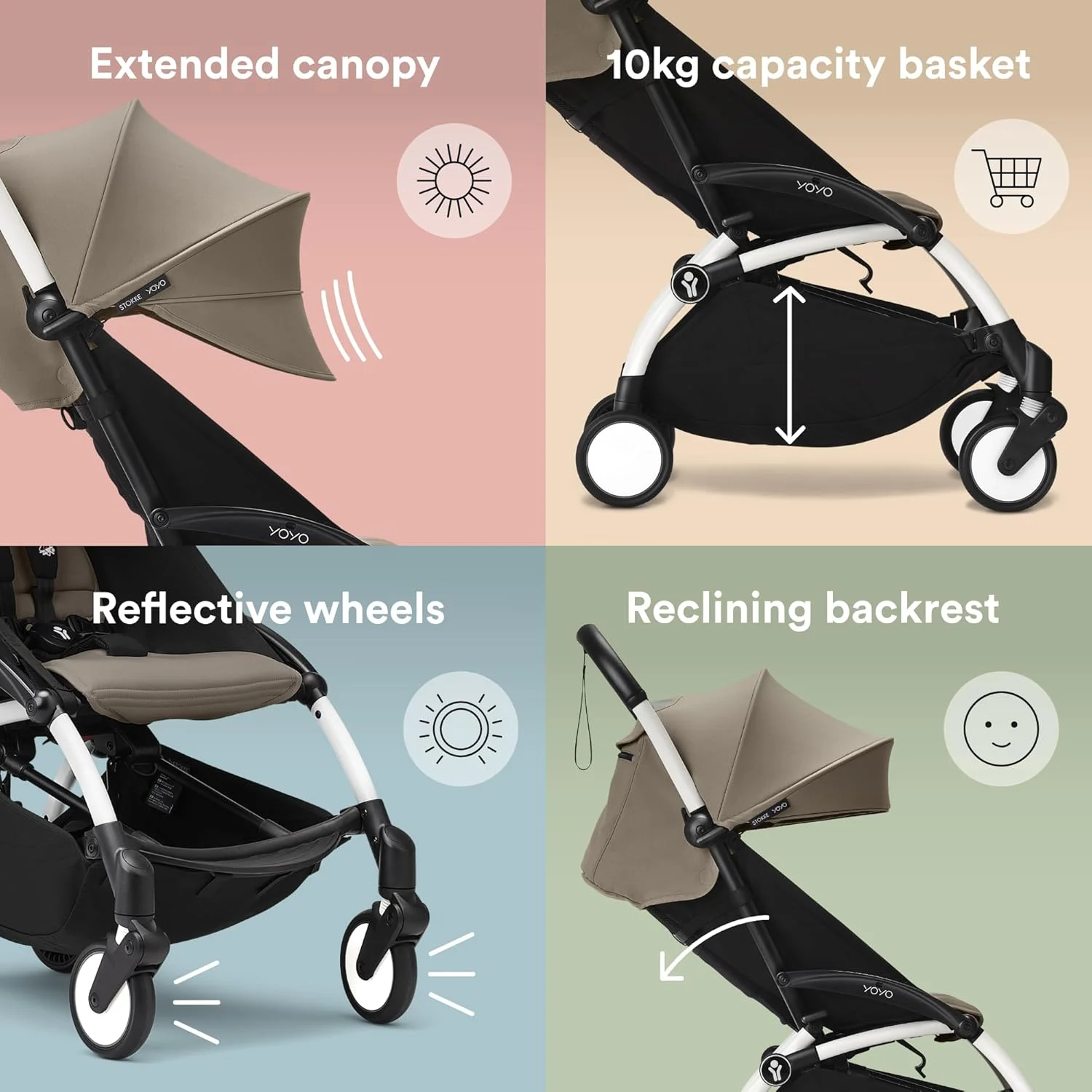کالسکه کامل YOYO3 Stokke YOYO از بدو تولد - شامل فریم سفید + بسته رنگی YOYO 6+ + بسته نوزادی 0+ - Taupe