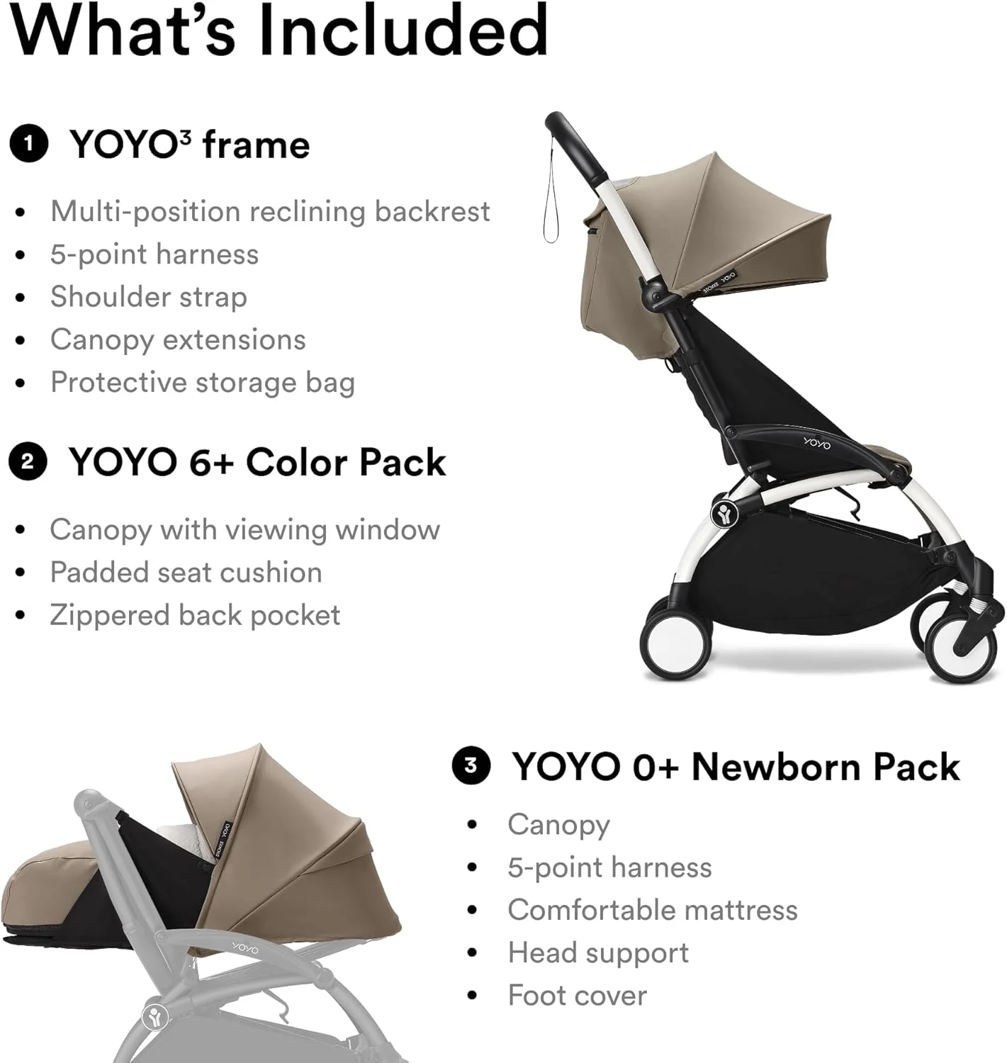 کالسکه کامل YOYO3 Stokke YOYO از بدو تولد - شامل فریم سفید + بسته رنگی YOYO 6+ + بسته نوزادی 0+ - Taupe