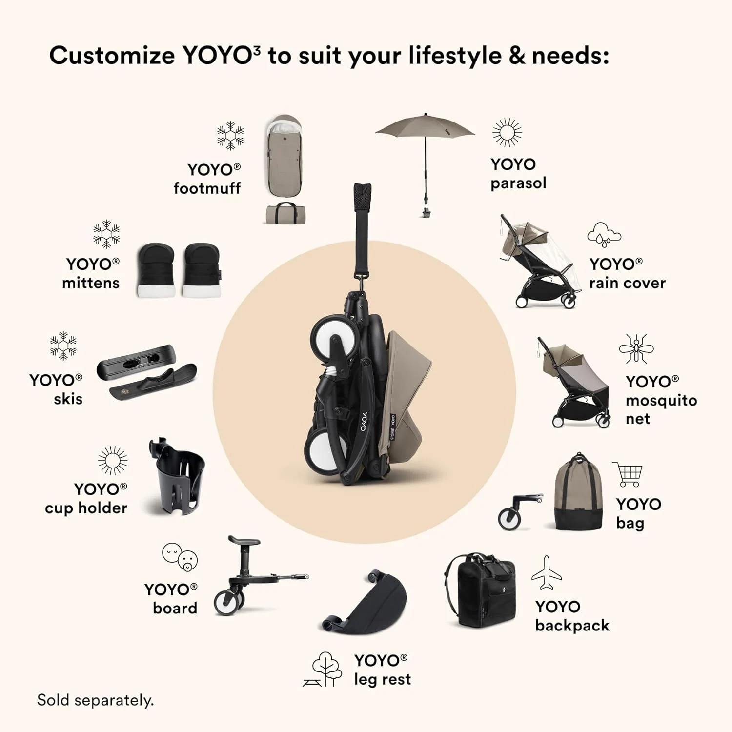 کالسکه کامل YOYO3 Stokke YOYO از بدو تولد - شامل فریم سفید + بسته رنگی YOYO 6+ + بسته نوزادی 0+ - Taupe