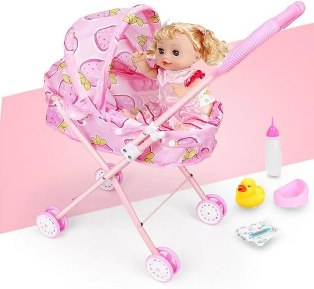 Lovely Strawberry Doll Stroller with Adjustable Handle | Child Friendly Pushchair Pram | 4 Pcs Lightweight Baby Stroller Set With Doll | Best Gift Girl Toy Doll Pram for Kids Lovely Strawberry Doll Stroller with Adjustable Handle | Child Friendly Pushchair Pram | 4 Pcs Lightweight Baby Stroller Set With Doll | Best Gift Girl Toy Doll Pram for Kids