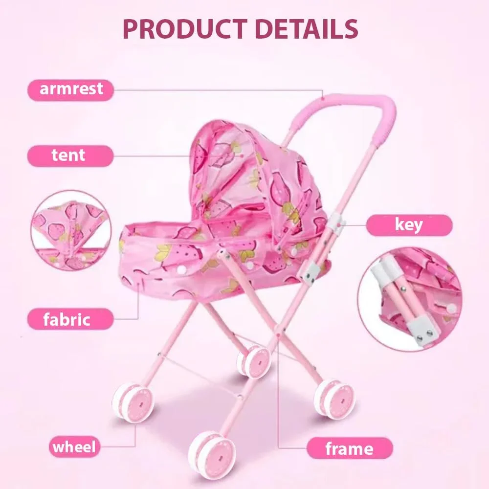 Lovely Strawberry Doll Stroller with Adjustable Handle | Child Friendly Pushchair Pram | 4 Pcs Lightweight Baby Stroller Set With Doll | Best Gift Girl Toy Doll Pram for Kids