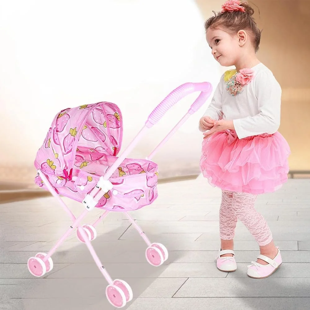 Lovely Strawberry Doll Stroller with Adjustable Handle | Child Friendly Pushchair Pram | 4 Pcs Lightweight Baby Stroller Set With Doll | Best Gift Girl Toy Doll Pram for Kids