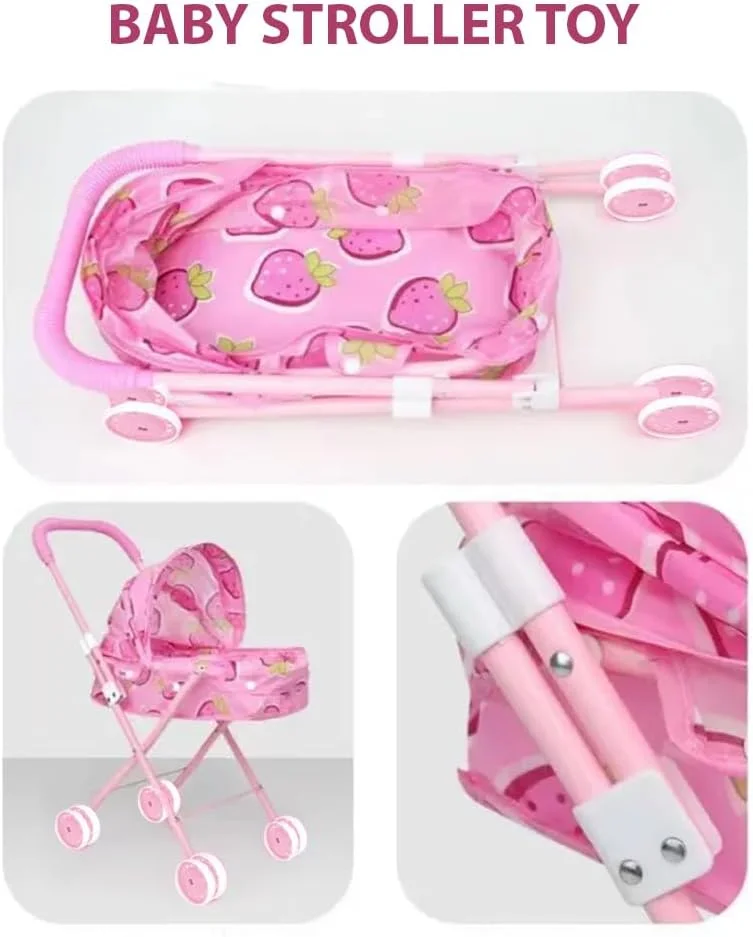 Lovely Strawberry Doll Stroller with Adjustable Handle | Child Friendly Pushchair Pram | 4 Pcs Lightweight Baby Stroller Set With Doll | Best Gift Girl Toy Doll Pram for Kids