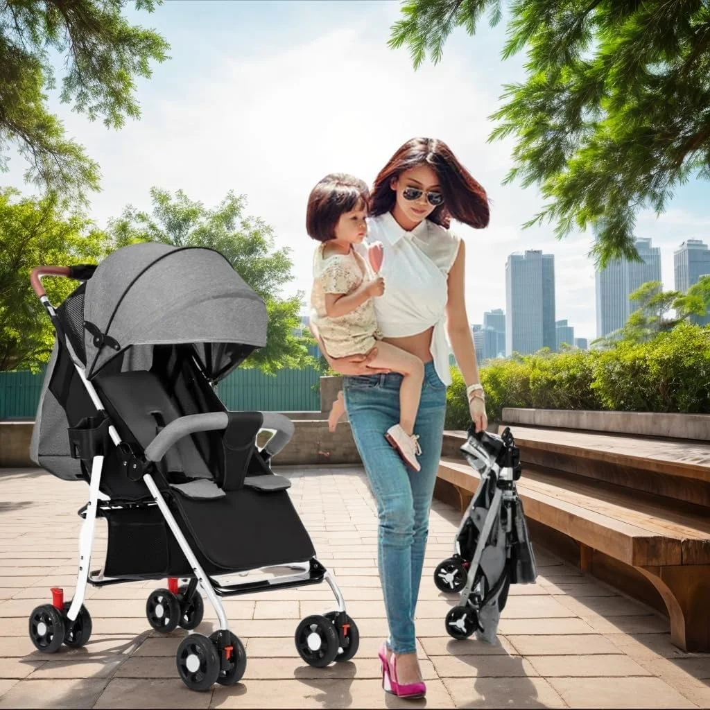 کالسکه مسافرتی سبک SKY-TOUCH، کالسکه تاشو کودک با سبد ذخیره سازی بزرگ، تکیه گاه چند حالته، تاشو آسان با یک دست، راحت و تخت شو (خاکستری)