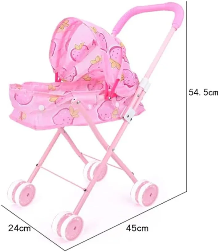 Lovely Strawberry Doll Stroller with Adjustable Handle | Child Friendly Pushchair Pram | 4 Pcs Lightweight Baby Stroller Set With Doll | Best Gift Girl Toy Doll Pram for Kids