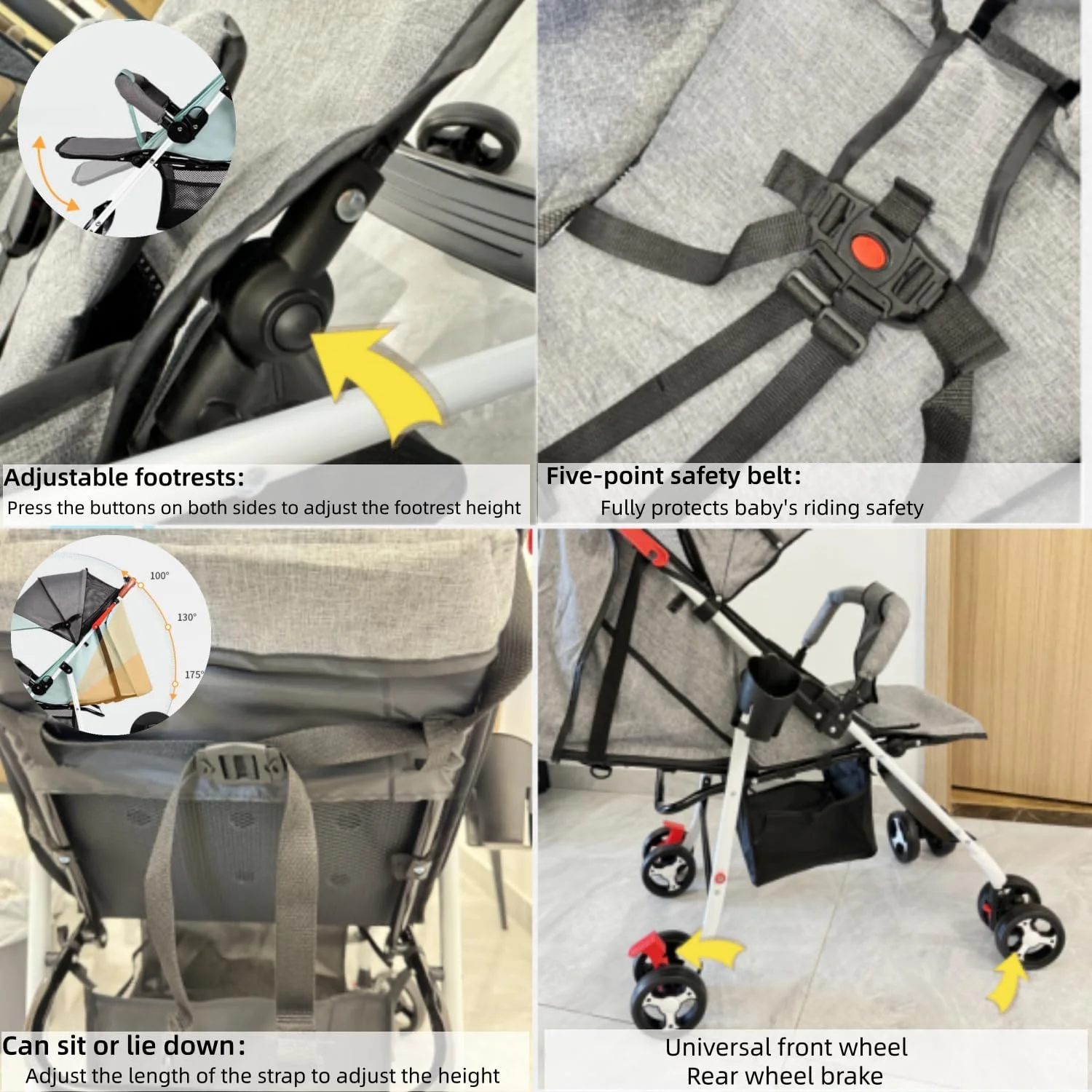 کالسکه مسافرتی سبک SKY-TOUCH، کالسکه تاشو کودک با سبد ذخیره سازی بزرگ، تکیه گاه چند حالته، تاشو آسان با یک دست، راحت و تخت شو (خاکستری)