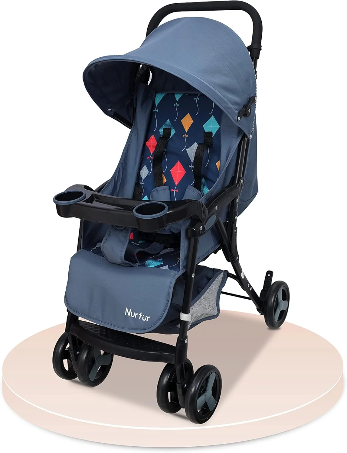 Nurtur Ryder Ultra Compact Lightweight Baby Travel Stroller with Storage Basket, Detachable Food Tray, Reclining Seat and Leg Rest, 0-36 Months, Navy Printed