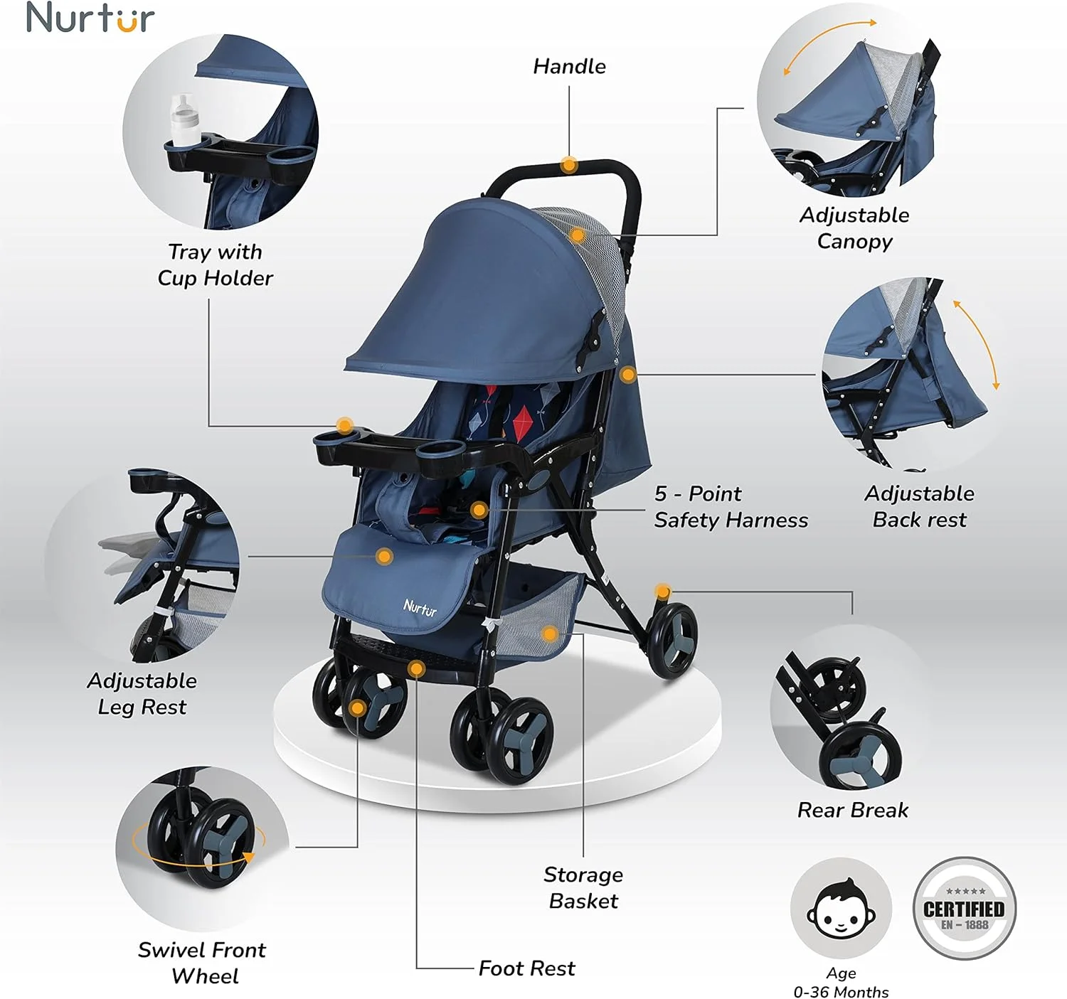 Nurtur Ryder Ultra Compact Lightweight Baby Travel Stroller with Storage Basket, Detachable Food Tray, Reclining Seat and Leg Rest, 0-36 Months, Navy Printed Nurtur Ryder Ultra Compact Lightweight Baby Travel Stroller with Storage Basket, Detachable Food Tray, Reclining Seat and Leg Rest, 0-36 Months, Navy Printed