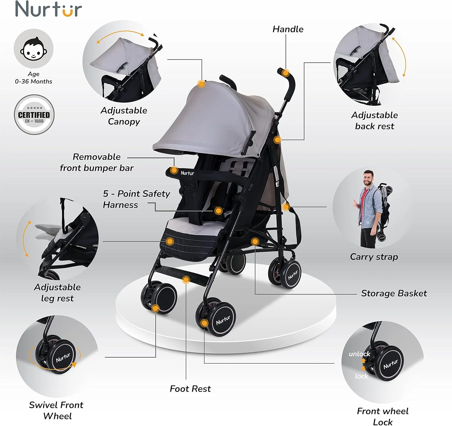 Nurtur Archer Baby/Kids Lightweight Travel Stroller 0 36 Months, Storage Basket, Detachable Bumper, 5 Point Safety Harness, Compact Design, Light Grey Nurtur Archer Baby/Kids Lightweight Travel Stroller 0 36 Months, Storage Basket, Detachable Bumper, 5 Point Safety Harness, Compact Design, Light Grey