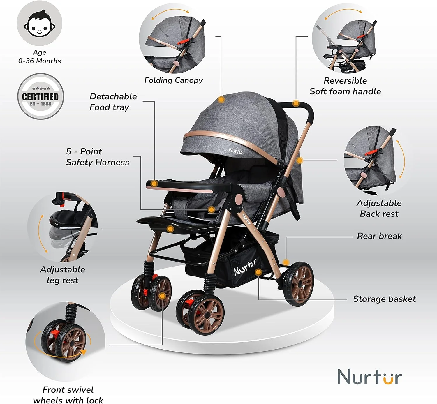 Nurtur Wilder Reversible Baby/Kids Travel Stroller 5 Point Safety Harness, Adjustable Backrest and Canopy, Reversible Handle, Grey