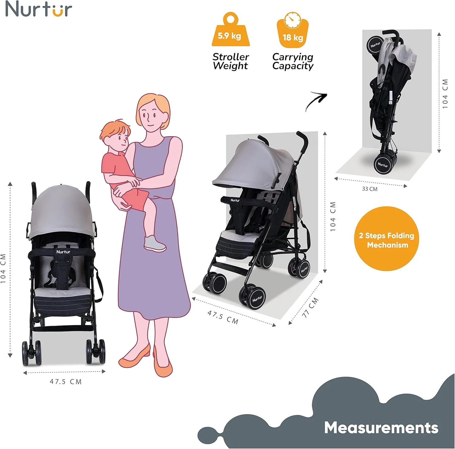 Nurtur Archer Baby/Kids Lightweight Travel Stroller 0 36 Months, Storage Basket, Detachable Bumper, 5 Point Safety Harness, Compact Design, Light Grey Nurtur Archer Baby/Kids Lightweight Travel Stroller 0 36 Months, Storage Basket, Detachable Bumper, 5 Point Safety Harness, Compact Design, Light Grey