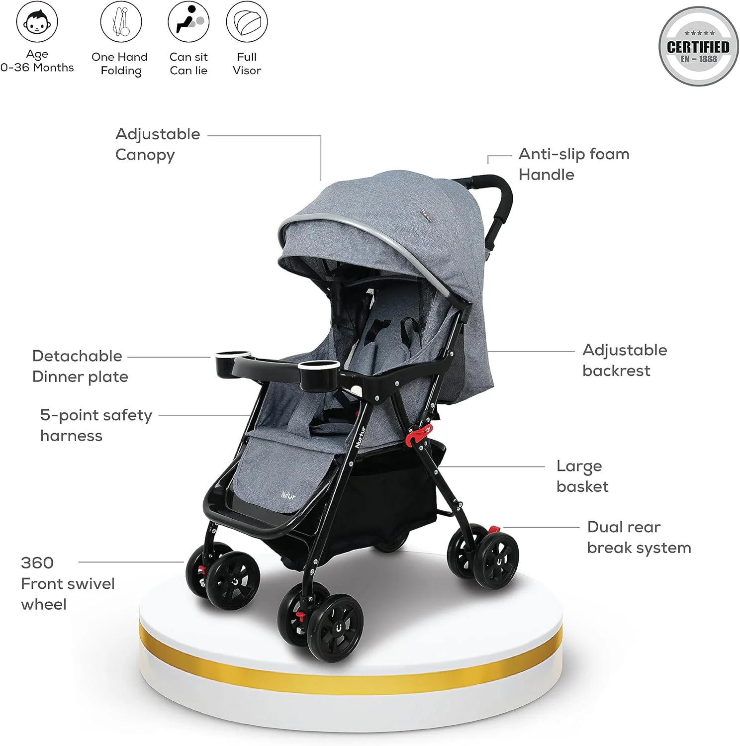 Nurtur Bliss Ultra Compact Lightweight Baby Travel Stroller with Storage Basket, Detachable Food Tray, Reclining Seat and Leg Rest, 0-36 Months, Grey