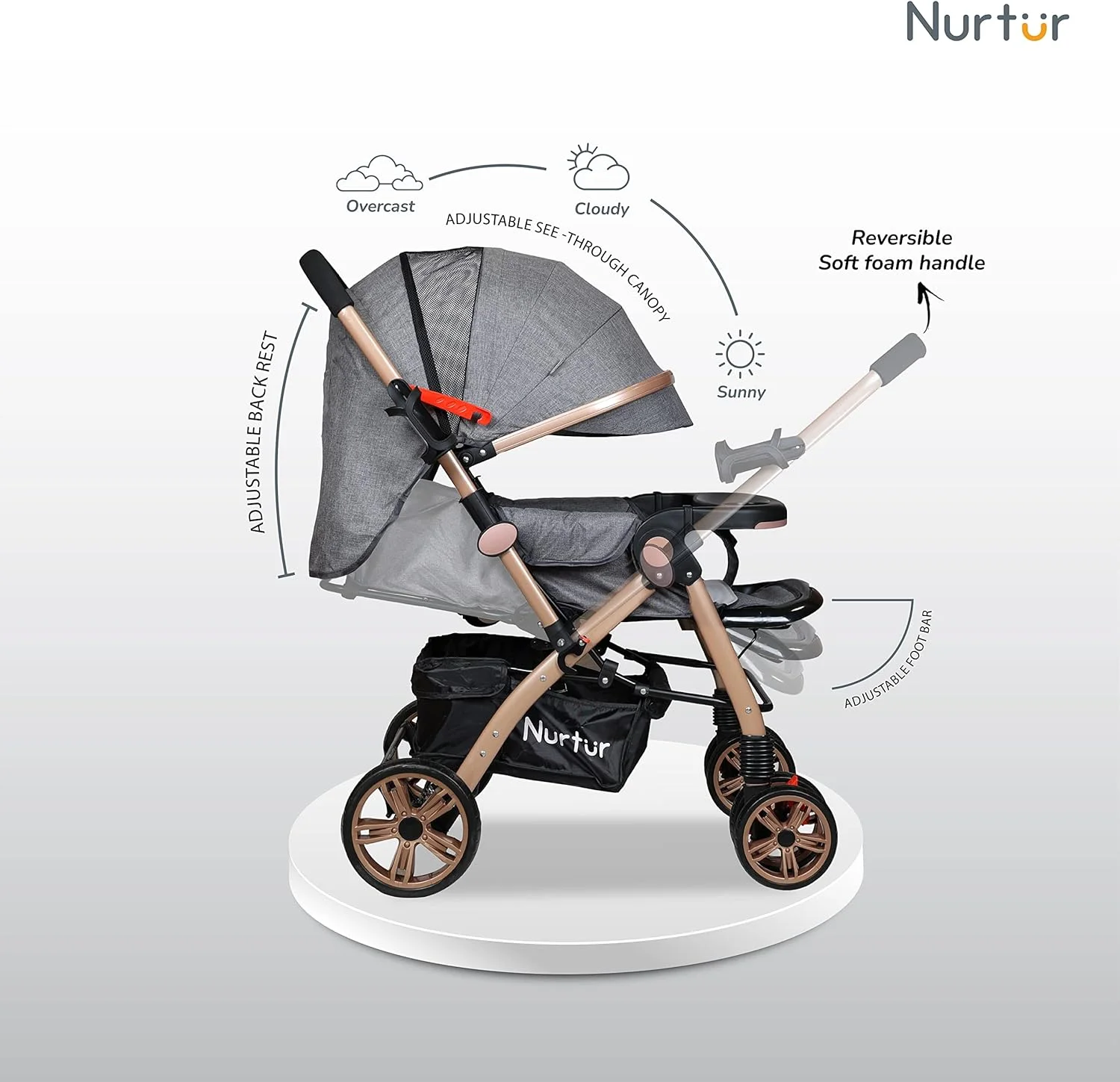 Nurtur Wilder Reversible Baby/Kids Travel Stroller 5 Point Safety Harness, Adjustable Backrest and Canopy, Reversible Handle, Grey