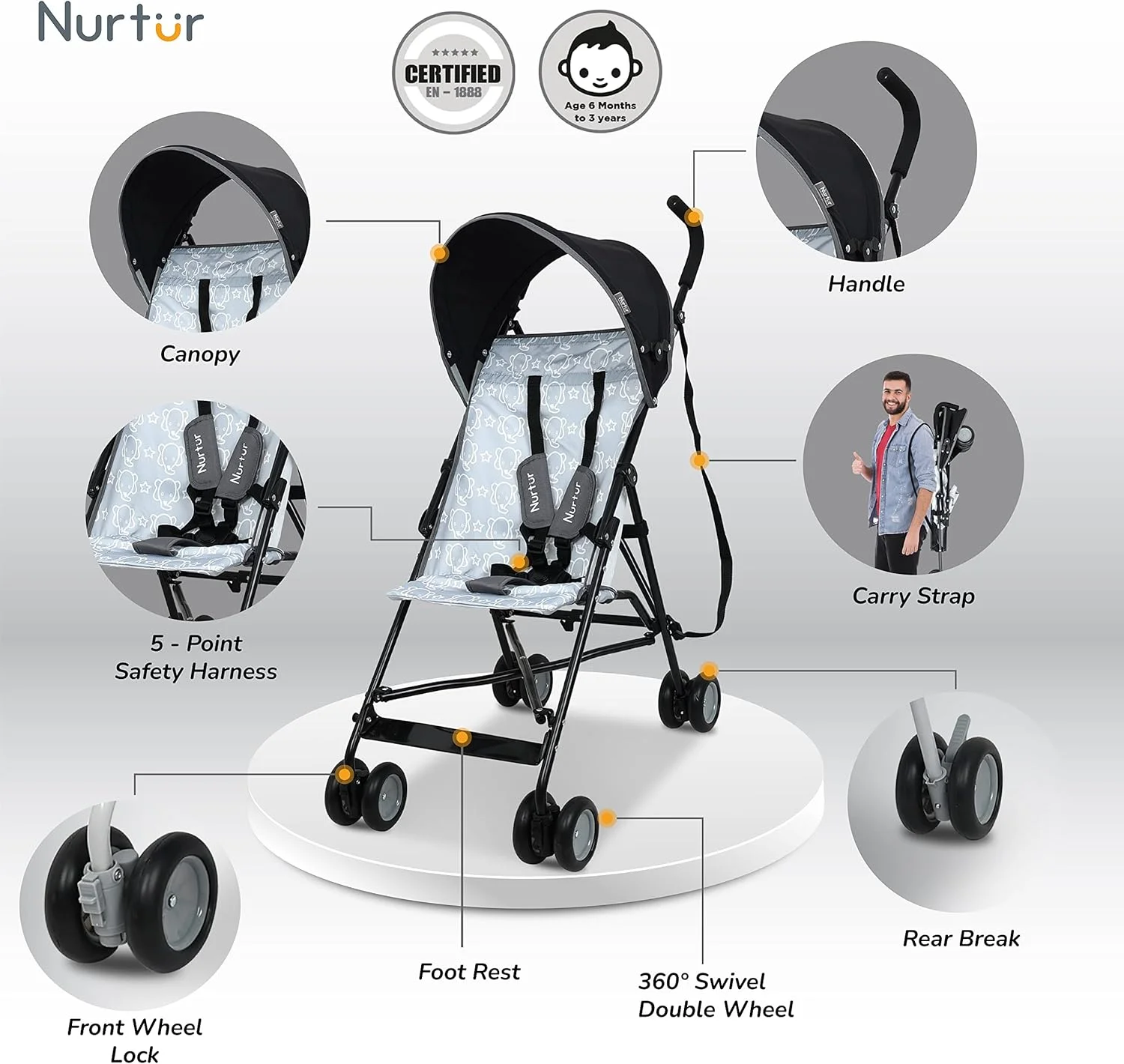 کالسکه سبک وزن Nurtur Rex – تاشو جمع و جور، سایبان آفتاب، بند شانه، طراحی جریان هوا، کالسکه قابل حمل برای کودکان نوپا 6-36 ماهه، تاشو آسان، مشکی/خاکستری کالسکه سبک وزن Nurtur Rex – تاشو جمع و جور، سایبان آفتاب، بند شانه، طراحی جریان هوا، کالسکه قابل حمل برای کودکان نوپا 6-36 ماهه، تاشو آسان، مشکی/خاکستری