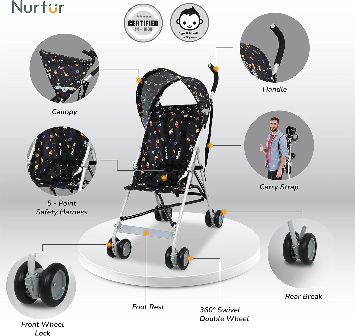 کالسکه سبک وزن Nurtur Rex - تاشو جمع و جور، سایبان آفتاب، بند شانه، طراحی جریان هوا، کالسکه قابل حمل برای کودکان 6-36 ماهه، تاشو آسان - طرح مشکی کالسکه سبک وزن Nurtur Rex - تاشو جمع و جور، سایبان آفتاب، بند شانه، طراحی جریان هوا، کالسکه قابل حمل برای کودکان 6-36 ماهه، تاشو آسان - طرح مشکی