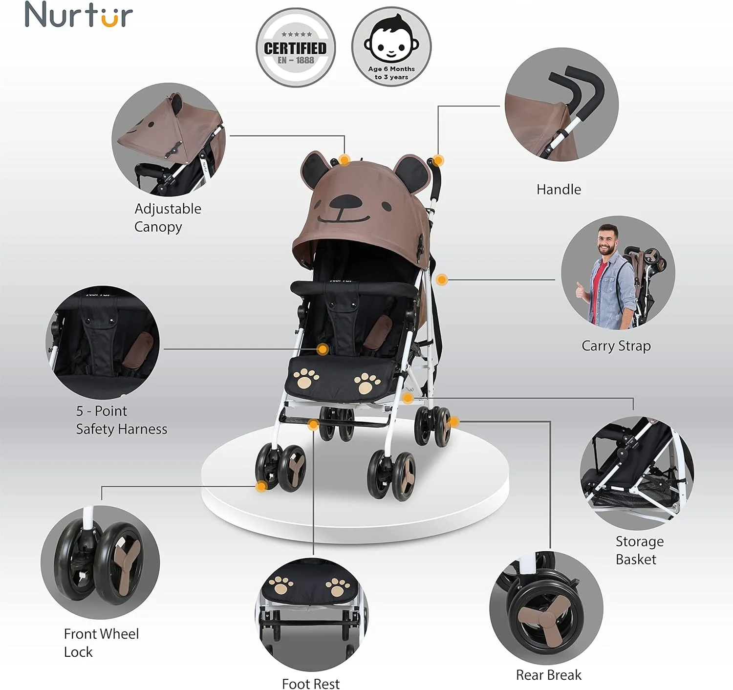کالسکه سبک وزن کودک/نوزاد Nurtur Luca مناسب 0 تا 36 ماه، دارای سبد ذخیره سازی، سپر جداشدنی، کمربند ایمنی 5 نقطه ای، طراحی جمع و جور با بند شانه - قهوه ای