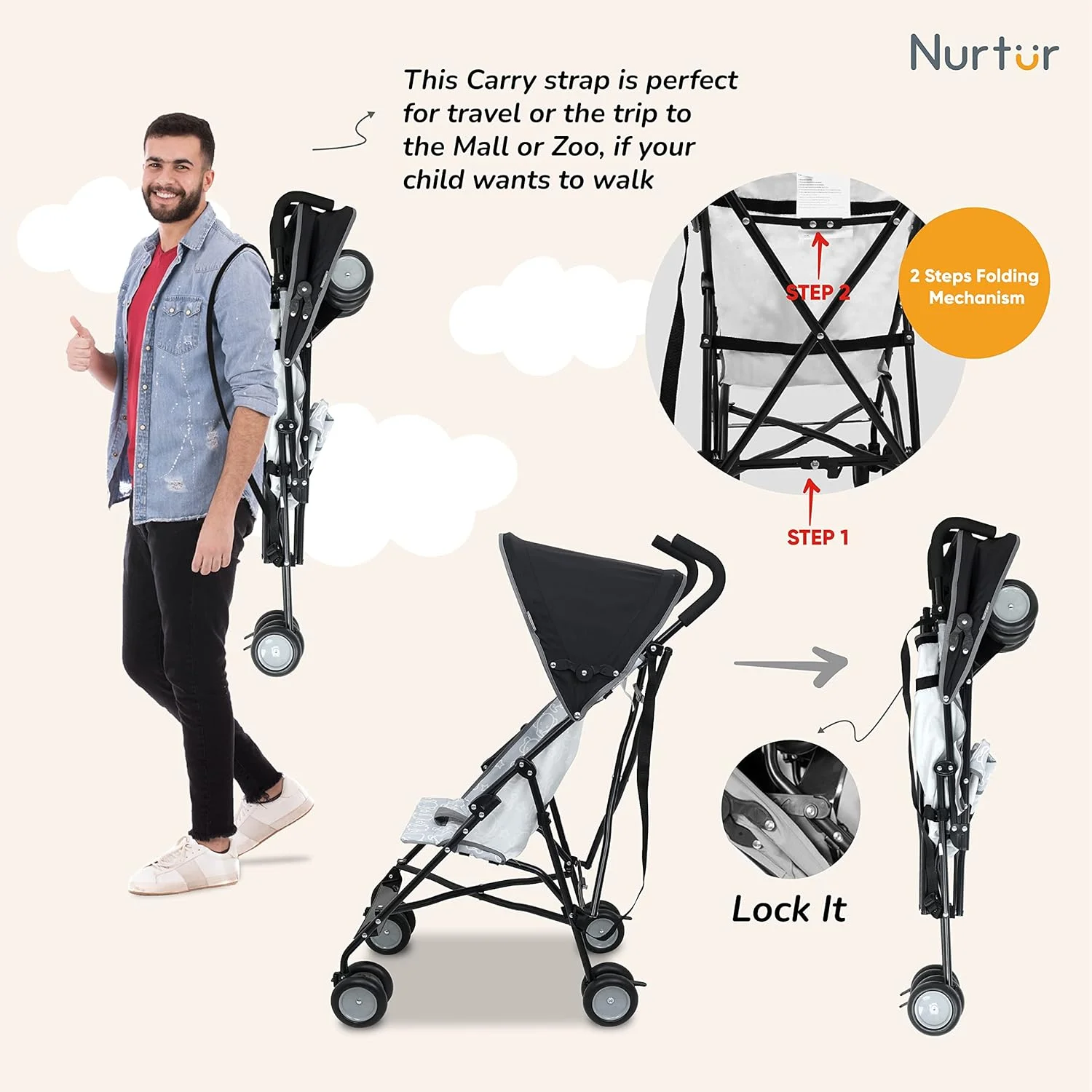 کالسکه سبک وزن Nurtur Rex – تاشو جمع و جور، سایبان آفتاب، بند شانه، طراحی جریان هوا، کالسکه قابل حمل برای کودکان نوپا 6-36 ماهه، تاشو آسان، مشکی/خاکستری کالسکه سبک وزن Nurtur Rex – تاشو جمع و جور، سایبان آفتاب، بند شانه، طراحی جریان هوا، کالسکه قابل حمل برای کودکان نوپا 6-36 ماهه، تاشو آسان، مشکی/خاکستری