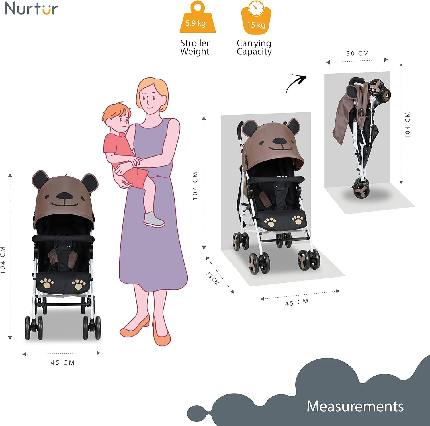 کالسکه سبک وزن کودک/نوزاد Nurtur Luca مناسب 0 تا 36 ماه، دارای سبد ذخیره سازی، سپر جداشدنی، کمربند ایمنی 5 نقطه ای، طراحی جمع و جور با بند شانه - قهوه ای