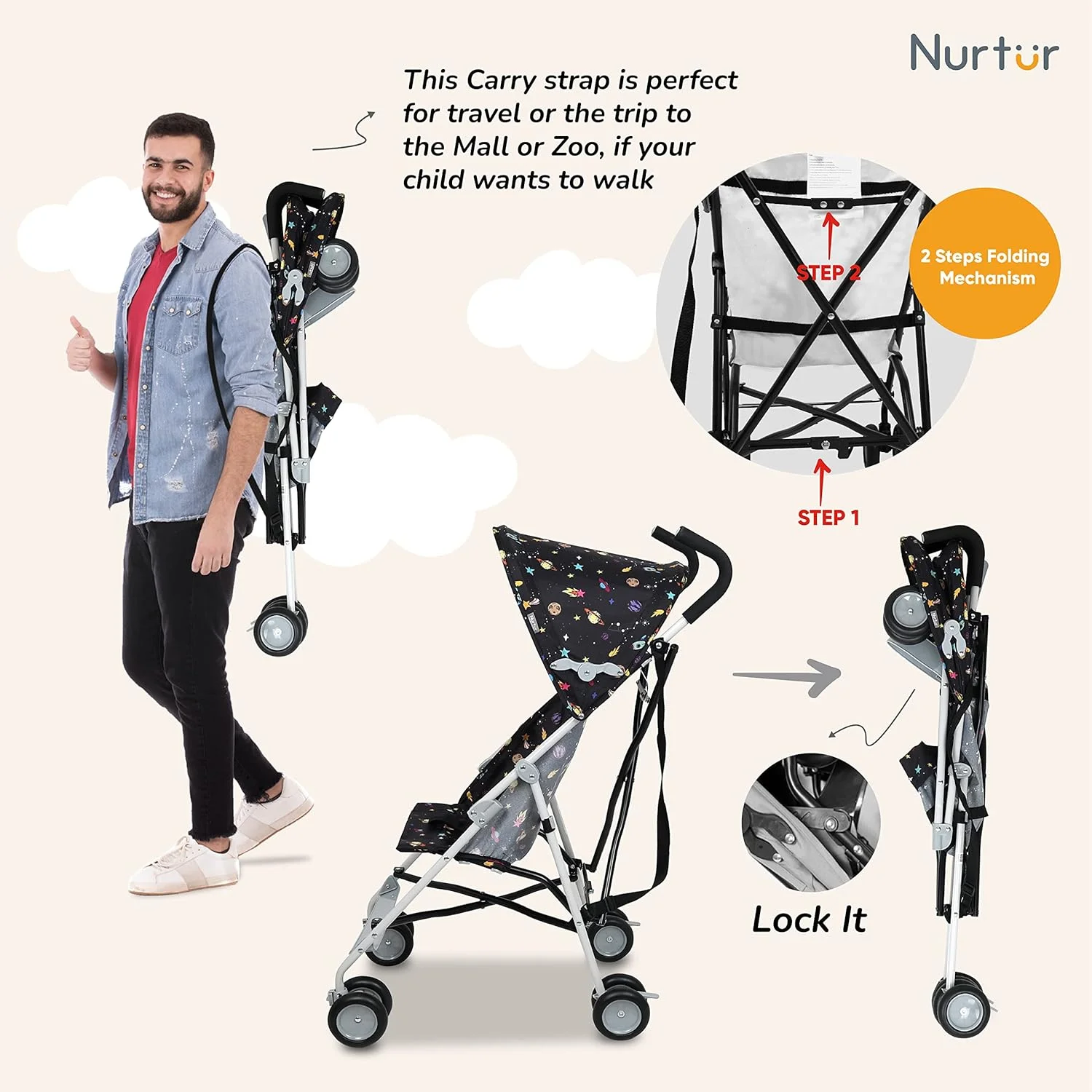 کالسکه سبک وزن Nurtur Rex - تاشو جمع و جور، سایبان آفتاب، بند شانه، طراحی جریان هوا، کالسکه قابل حمل برای کودکان 6-36 ماهه، تاشو آسان - طرح مشکی کالسکه سبک وزن Nurtur Rex - تاشو جمع و جور، سایبان آفتاب، بند شانه، طراحی جریان هوا، کالسکه قابل حمل برای کودکان 6-36 ماهه، تاشو آسان - طرح مشکی