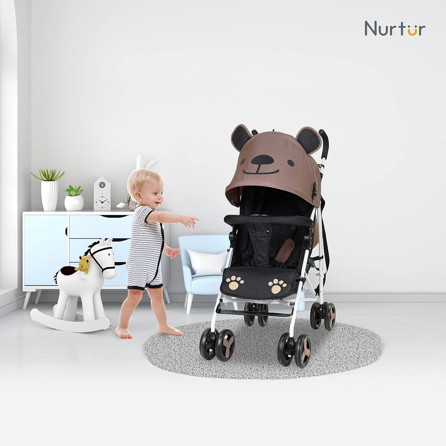کالسکه سبک وزن کودک/نوزاد Nurtur Luca مناسب 0 تا 36 ماه، دارای سبد ذخیره سازی، سپر جداشدنی، کمربند ایمنی 5 نقطه ای، طراحی جمع و جور با بند شانه - قهوه ای
