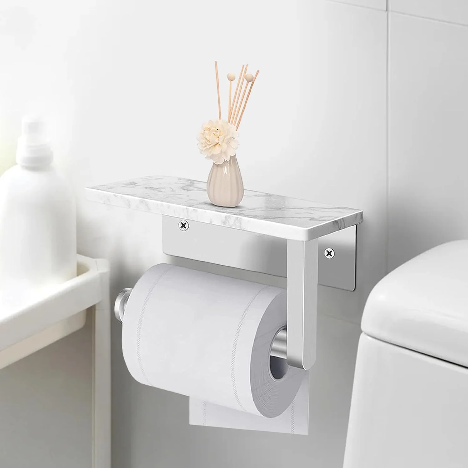 جا دستمال کاغذی توالت Zjyufy سفید، جا دستمال کاغذی توالت استیل ضد زنگ با قفسه مرمری، لوازم جانبی حمام، بسیار سبک، نصب آسان جا دستمال کاغذی توالت Zjyufy سفید، جا دستمال کاغذی توالت استیل ضد زنگ با قفسه مرمری، لوازم جانبی حمام، بسیار سبک، نصب آسان
