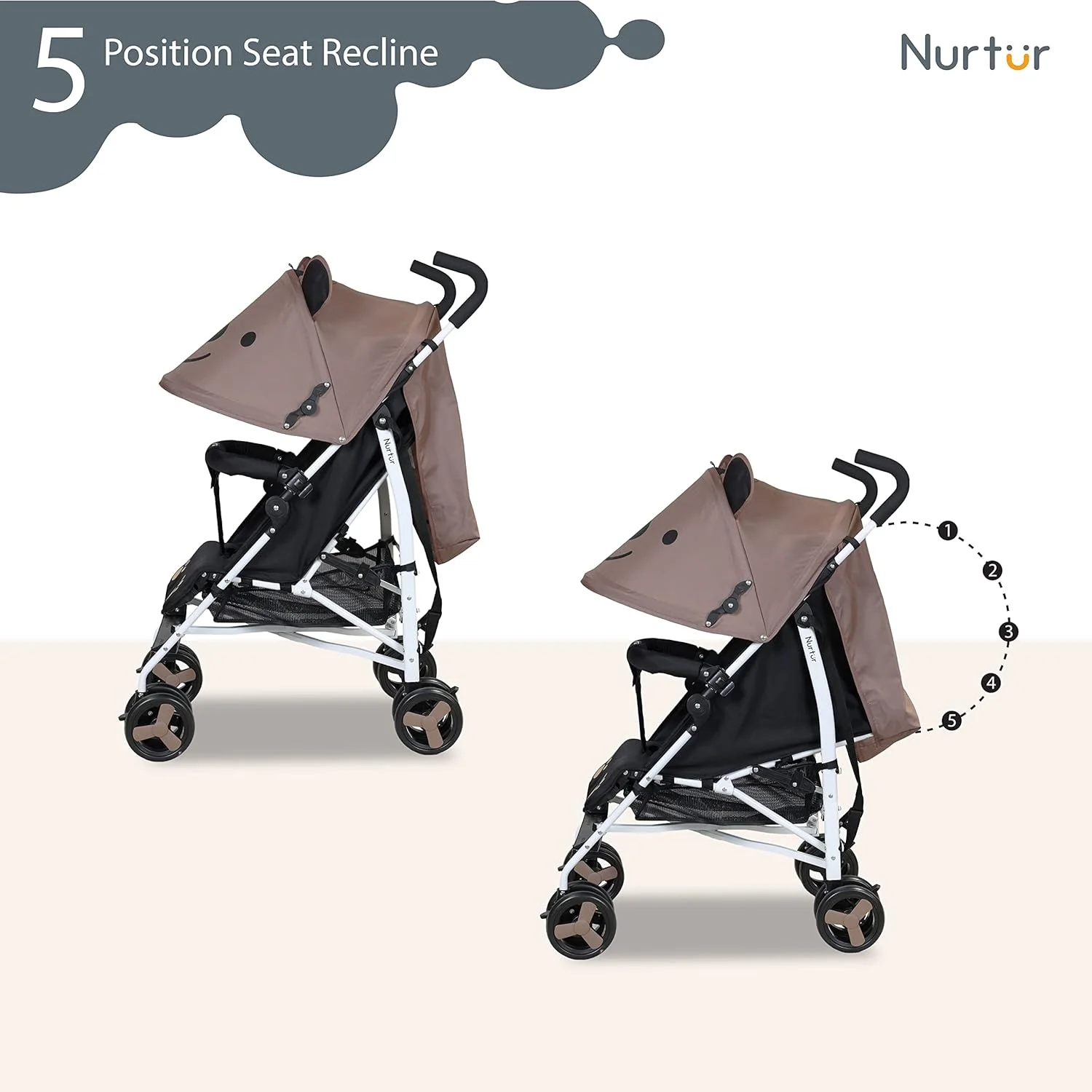 کالسکه سبک وزن کودک/نوزاد Nurtur Luca مناسب 0 تا 36 ماه، دارای سبد ذخیره سازی، سپر جداشدنی، کمربند ایمنی 5 نقطه ای، طراحی جمع و جور با بند شانه - قهوه ای