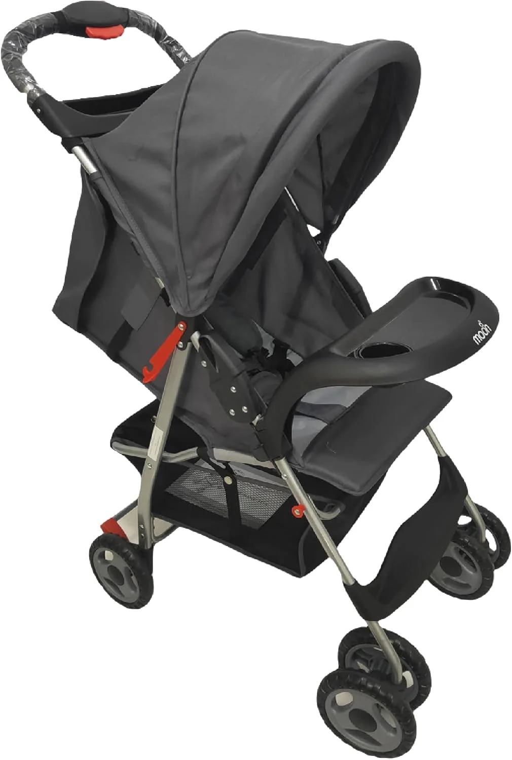 کالسکه مسافرتی تاشو یک دستی مون مدل Bezik مناسب برای نوزاد/کودک/بچه با سینی دوتایی - تکیه گاه پا - صندلی تکیه گاه چند حالته مناسب برای 0 ماه + (تا 24 کیلوگرم) - خاکستری متوسط