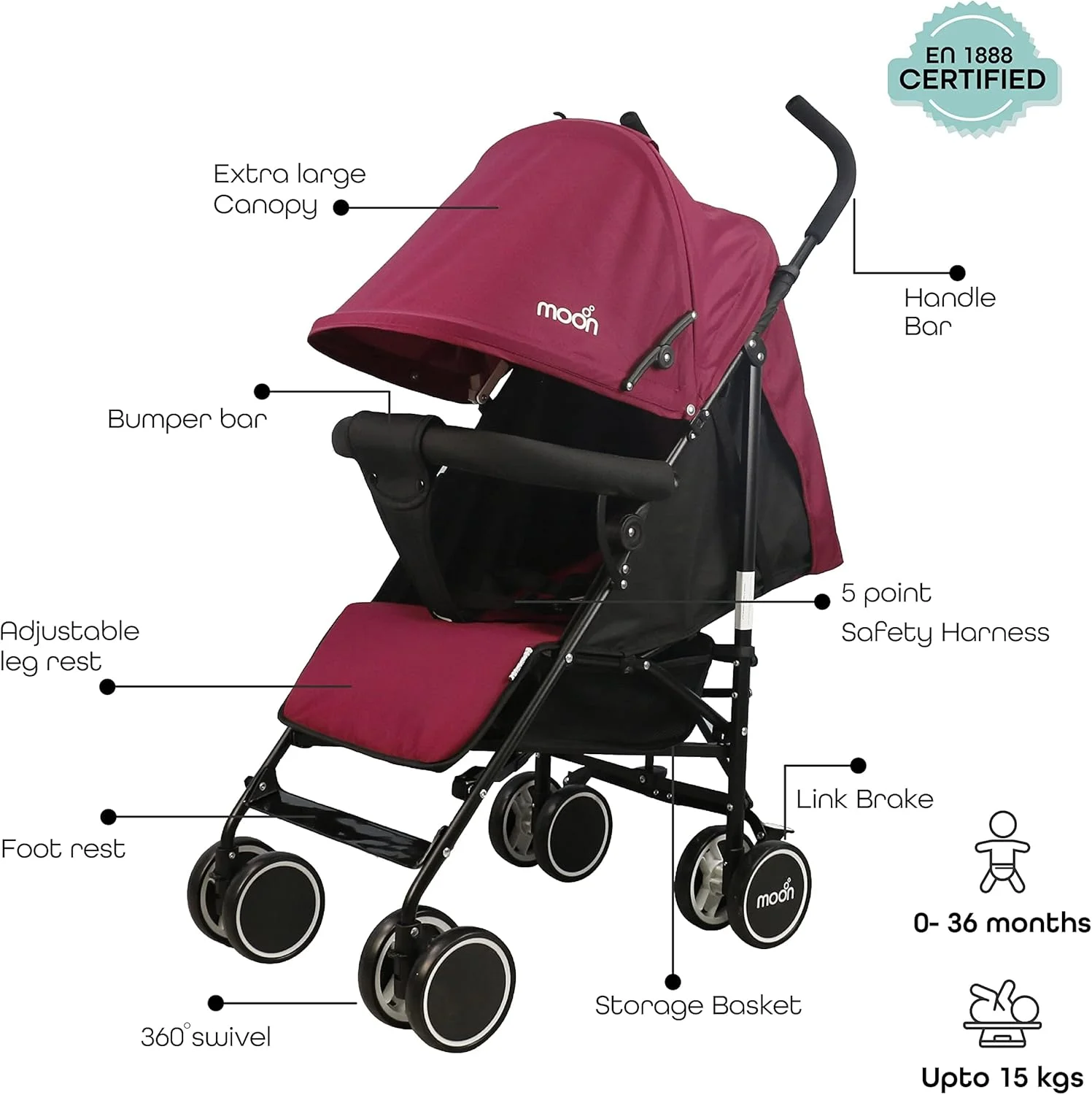 کالسکه مسافرتی سبک وزن نئو پلاس مون برند مناسب نوزاد/کودک/نوپا از 0 ماهگی (تا 18 کیلوگرم) - تاشو چتری - صندلی تکیه گاه چند حالته - سبد ذخیره سازی - قرمز تیره