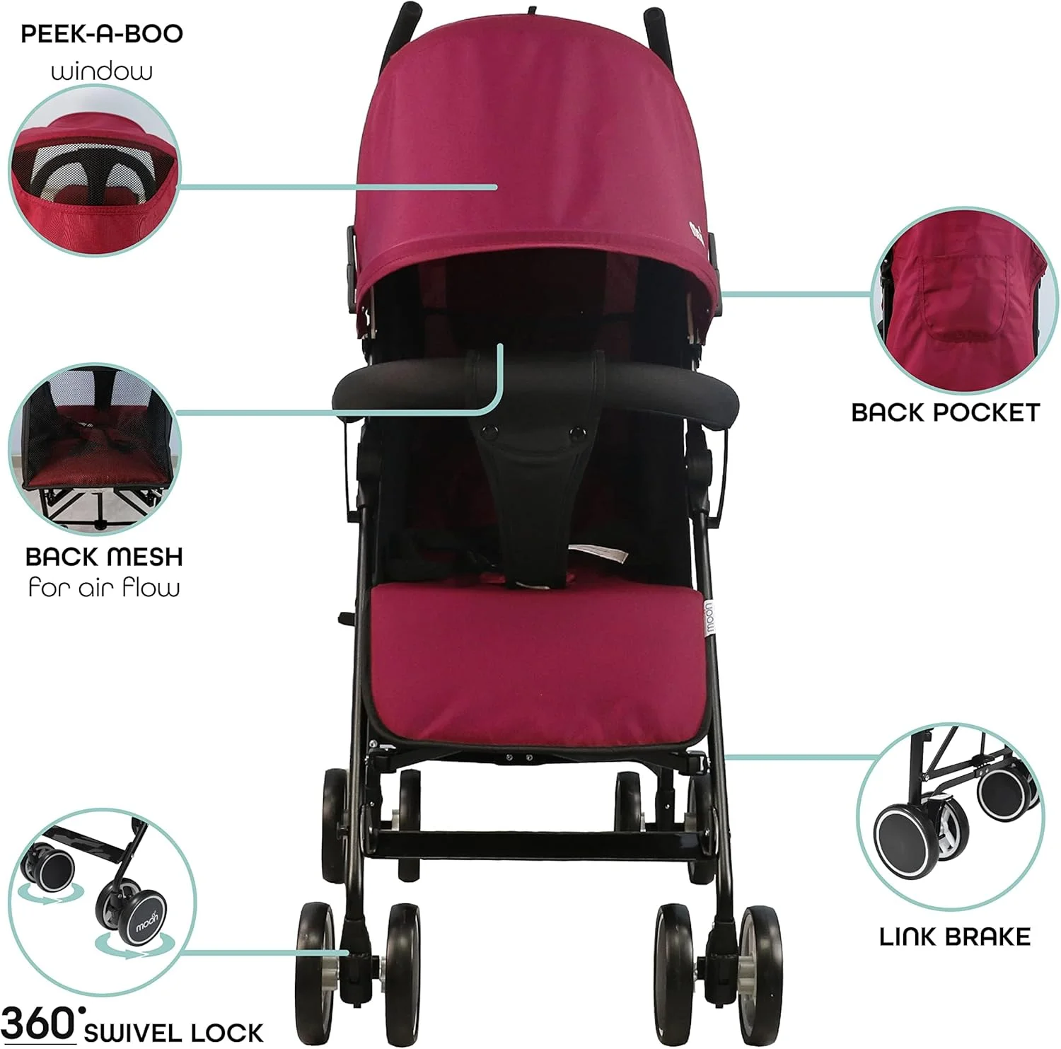 کالسکه مسافرتی سبک وزن نئو پلاس مون برند مناسب نوزاد/کودک/نوپا از 0 ماهگی (تا 18 کیلوگرم) - تاشو چتری - صندلی تکیه گاه چند حالته - سبد ذخیره سازی - قرمز تیره