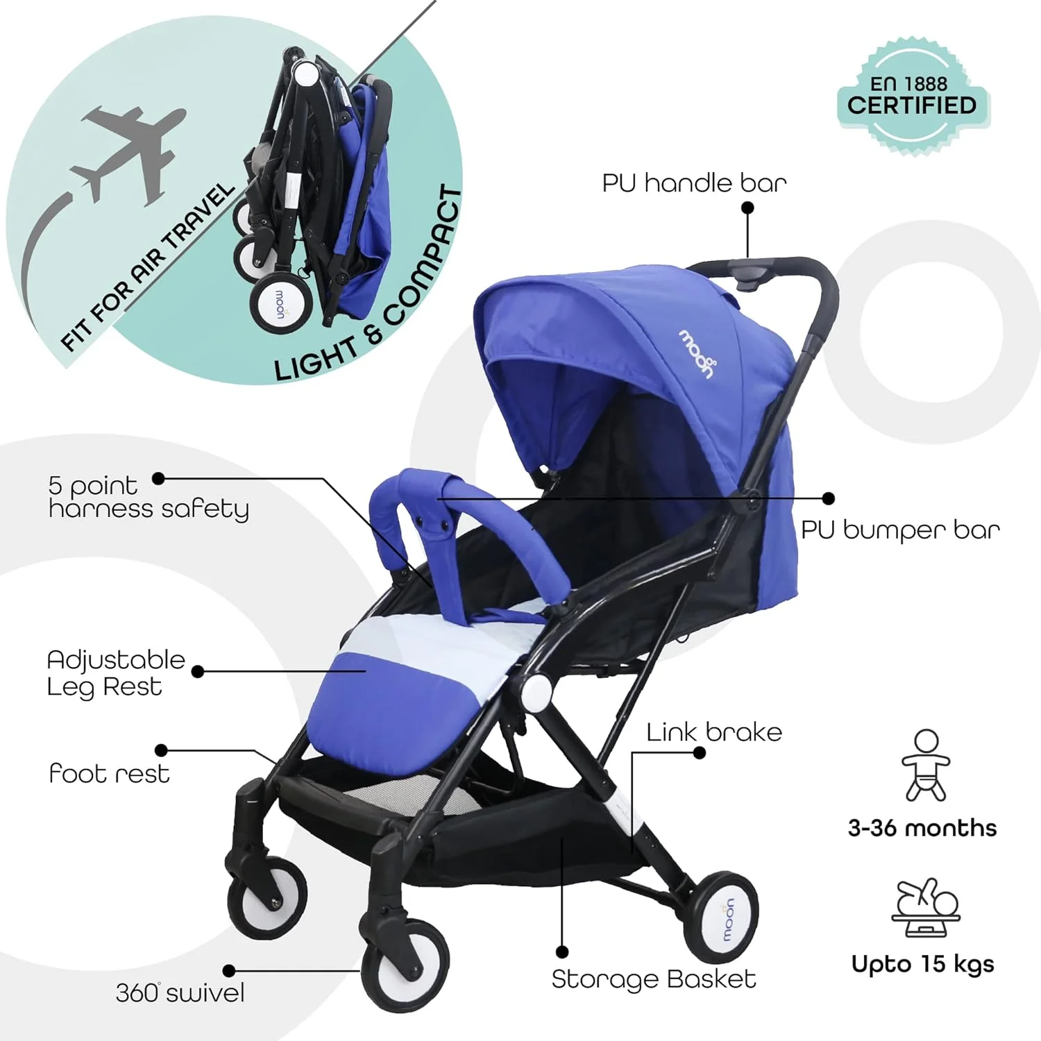 کالسکه مسافرتی مون برند TravelLite / تاشو جمع و جور / کابین مسافرتی (مناسب برای سفر هوایی) / کالسکه / پرام / صندلی چرخدار مناسب برای نوزاد / کودک / نوزادان / بچه ها (از بدو تولد تا 3 سال) (0-18 کیلوگرم) - آبی رویال