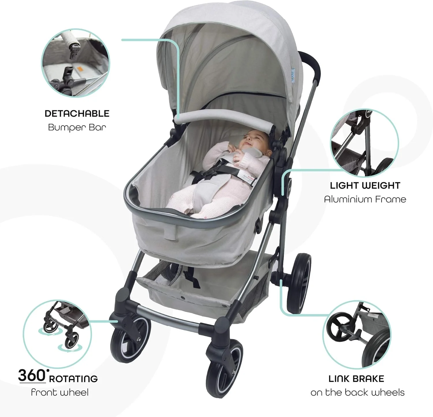 کالسکه 2 در 1 مون مدل پرو (قابل تبدیل به کریکات)، کالسکه/پرام برگشت پذیر مناسب برای نوزاد/کودک/بچه از بدو تولد تا 3 سالگی. گهواره قابل تبدیل، بسینت.، از 0 تا 18 کیلوگرم - خاکستری روشن