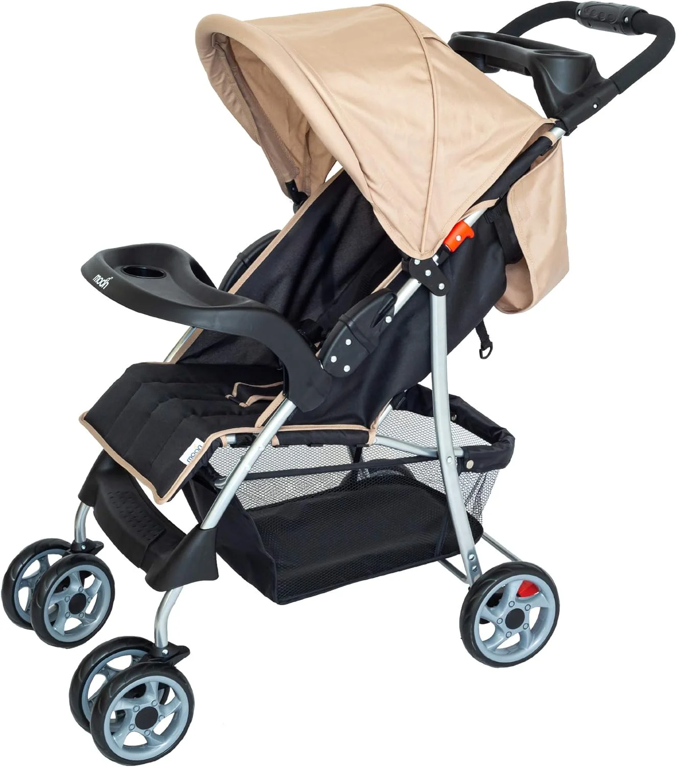 کالسکه مسافرتی کودک Moon Brand Trek - تاشو با یک دست - قفل، سینی دوتایی، تکیه گاه پا، صندلی چند حالته - کالسکه کودک برای نوزاد، کودک نوپا - 0 ماه + (تا 24 کیلوگرم) - بژ