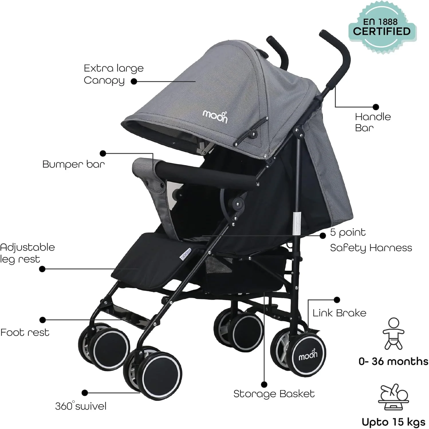 کالسکه مسافرتی سبک وزن نئو پلاس برند مون مناسب نوزاد/کودک/نوپا از 0 ماهگی به بالا (تا 18 کیلوگرم) - تاشو چتری - صندلی تکیه گاه چند حالته - سبد ذخیره سازی - مشکی + خال های خاکستری
