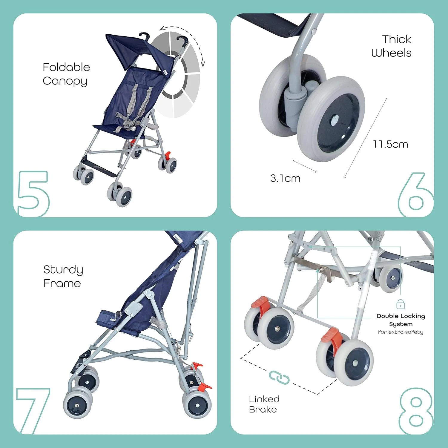 کالسکه بچه جت برند مون - سبک ترین کالسکه حمل نوزاد - وسیله مسافرتی کودک برای کودکان 6 ماهه تا 3 ساله - کالسکه جمع و جور با سایبان فوق العاده عریض، تاشو چتری، بند مونتاژ آسان - آبی تیره