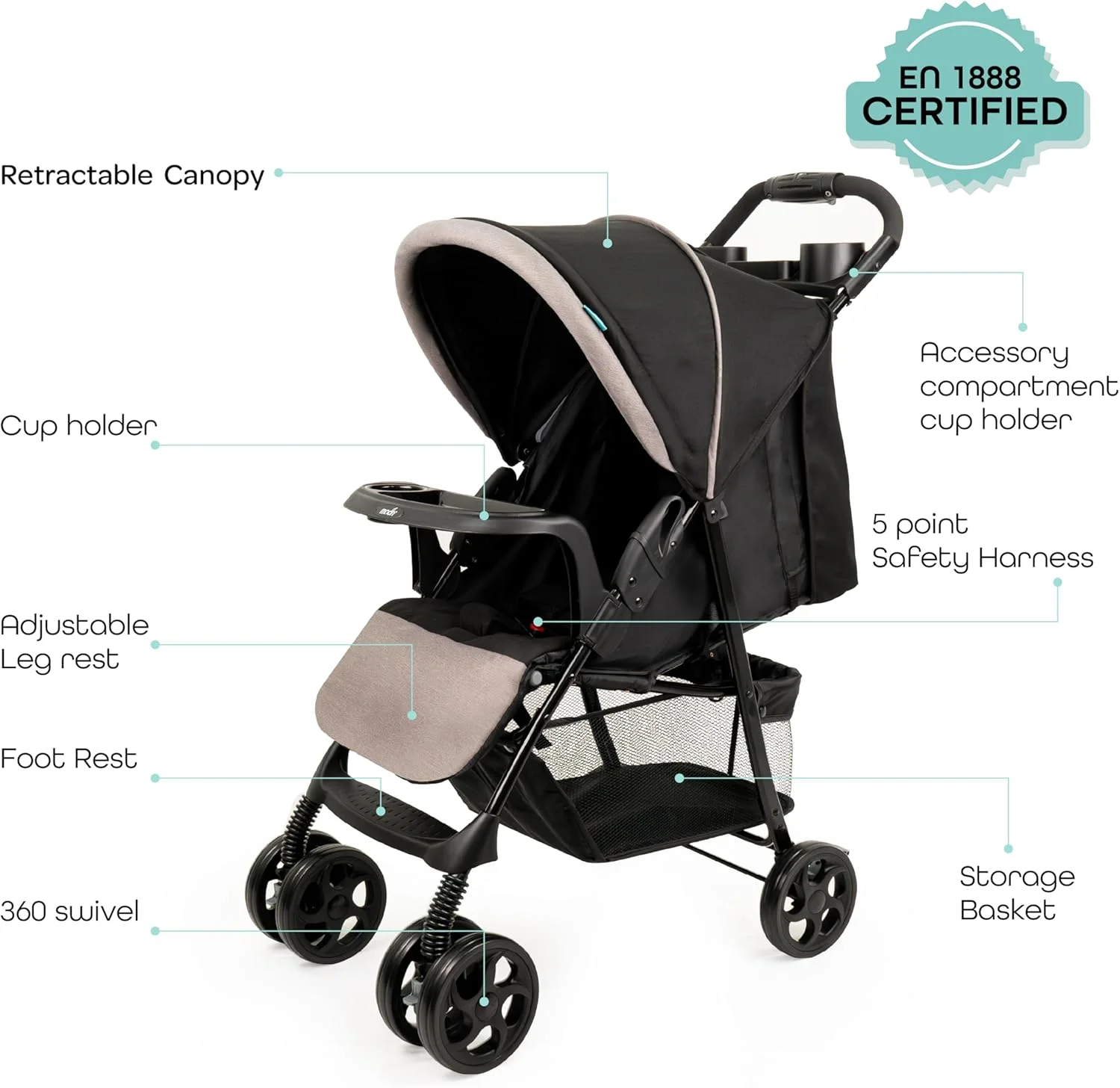 کالسکه بچه شهری مترو برند مون - تاشو با یک دست - قفل، سینی دوتایی، تکیه گاه پا، صندلی چند حالته - ترولی کودک برای نوزاد، کودک نوپا و خردسال - 0 ماه به بالا (تا 18 کیلوگرم) - خاکستری