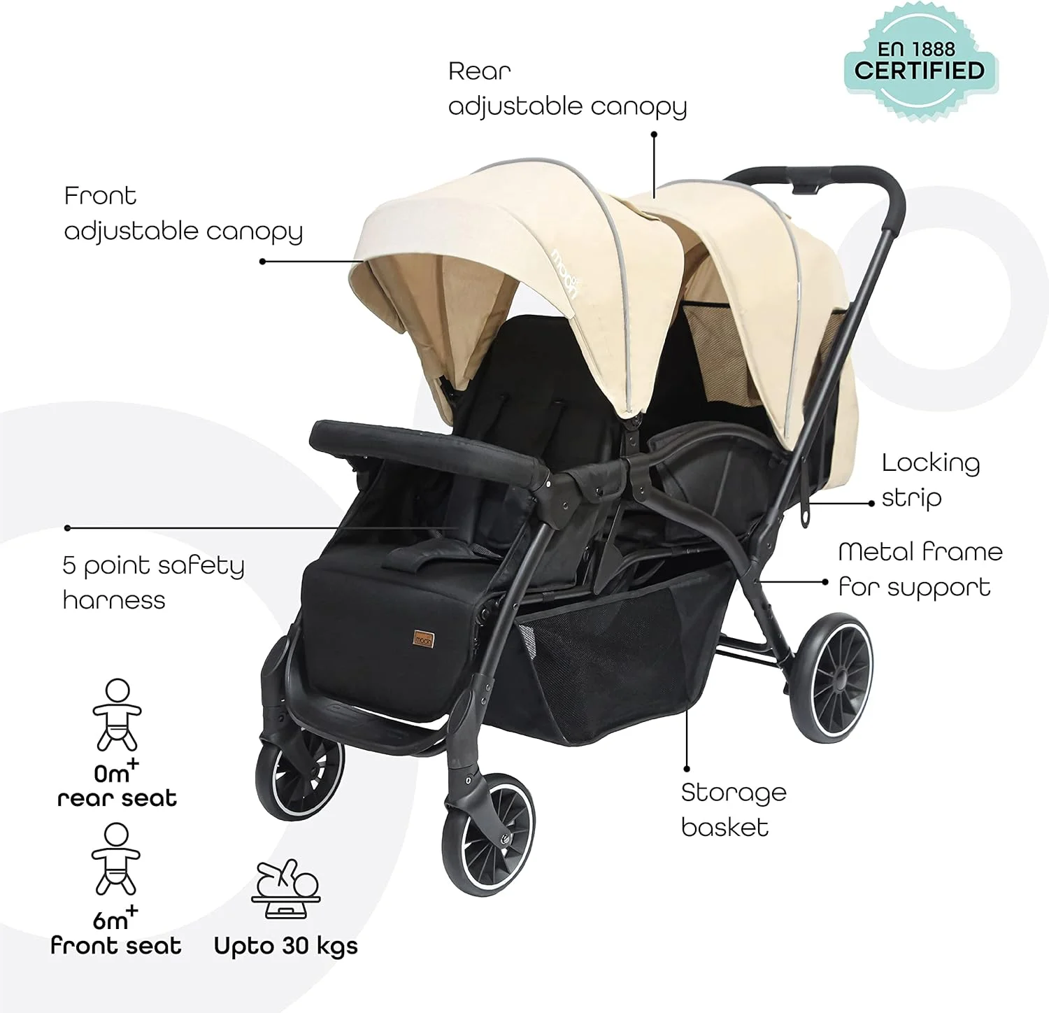 کالسکه دوقلو مون مدل Dois - کالسکه دوقلوی تاشو آسان - کالسکه دوتایی برای نوزاد و کودک نوپا - کالسکه خوابشو، سایبان قابل تنظیم، کمربند ایمنی 5 نقطه ای - 0 ماه به بالا، تا 15 کیلوگرم - بژ کالسکه دوقلو مون مدل Dois - کالسکه دوقلوی تاشو آسان - کالسکه دوتایی برای نوزاد و کودک نوپا - کالسکه خوابشو، سایبان قابل تنظیم، کمربند ایمنی 5 نقطه ای - 0 ماه به بالا، تا 15 کیلوگرم - بژ