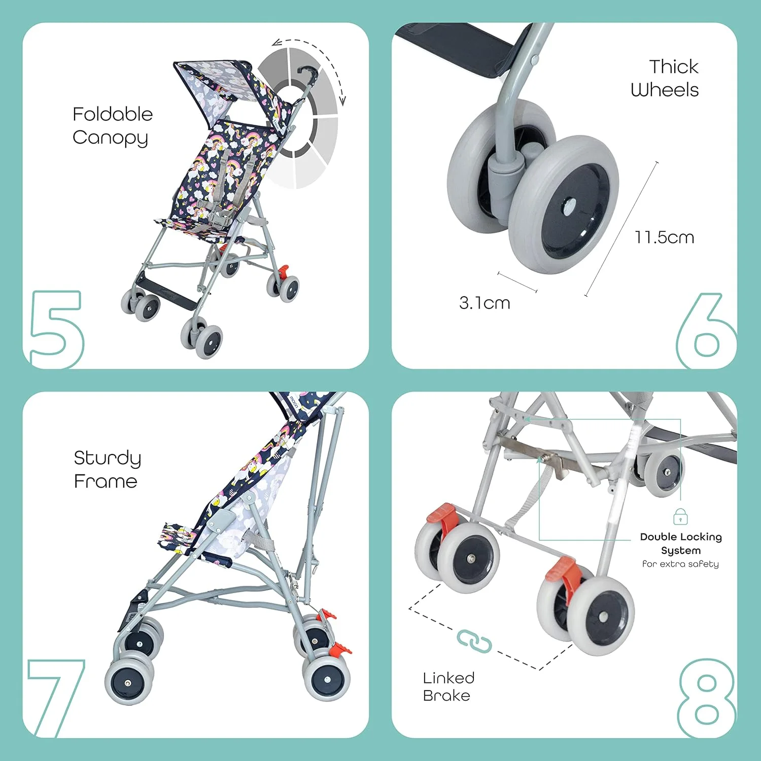 کالسکه بچه جت مون برند - سبک ترین کالسکه حمل نوزاد - وسیله مسافرتی کودک برای کودکان 6 ماهه تا 3 ساله - کالسکه جمع و جور با سایبان فوق العاده عریض، تاشو چتری، بند مونتاژ آسان - طرح یونیکورن