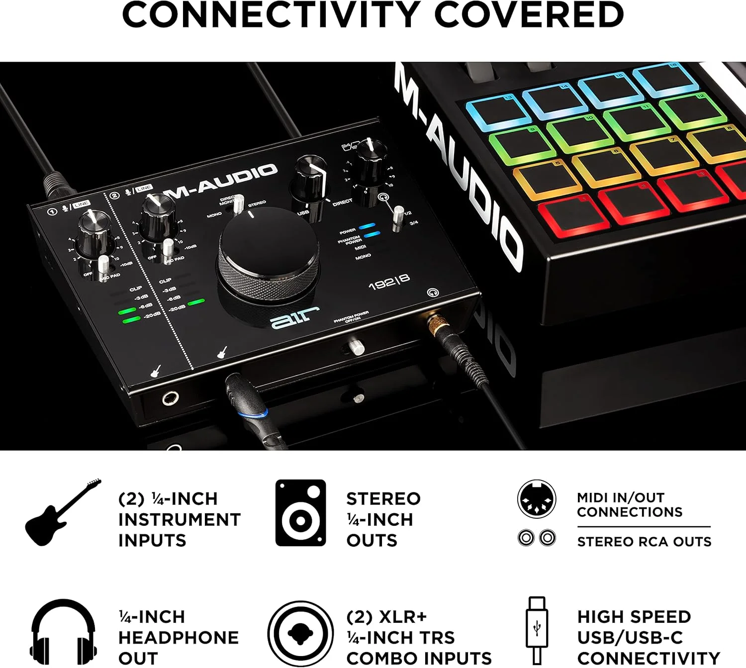 اینترفیس صوتی/MIDI یو‌اس‌بی M-Audio AIR 192|8 با 2 ورودی و 4 خروجی به همراه نرم‌افزار ضبط صدا از Pro-Tools و Ableton Live به علاوه ابزارهای FX استودیویی