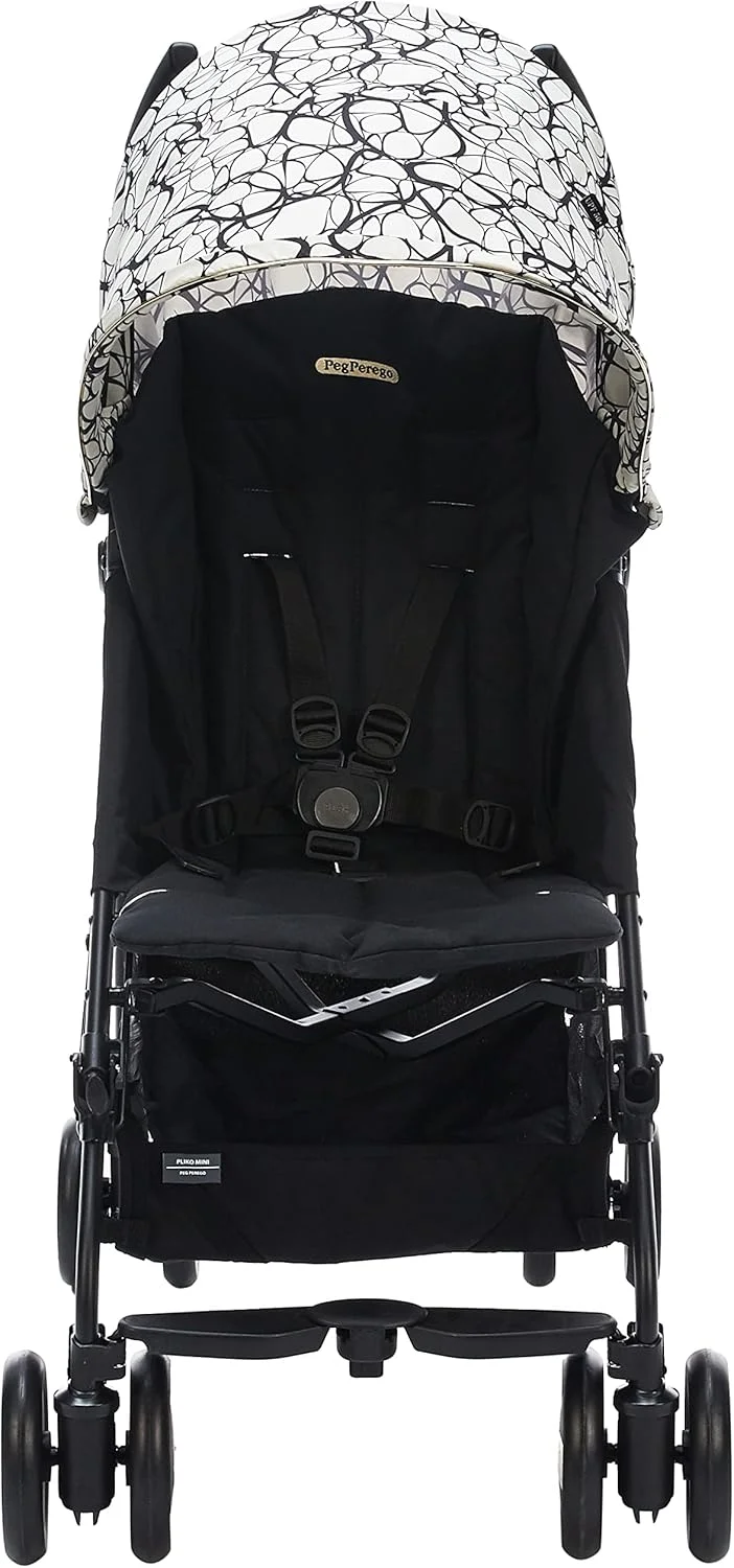 کالسکه تاشو چتری سبک و جمع و جور Pliko Mini، تایید شده از بدو تولد تا 22 کیلوگرم، چرخ های تعلیق نرم، پشتی تکیه گاه و سایبان UPF 50+، تاشو آسان و دسته های ارگونومیک، مشکی/طلایی/سفید