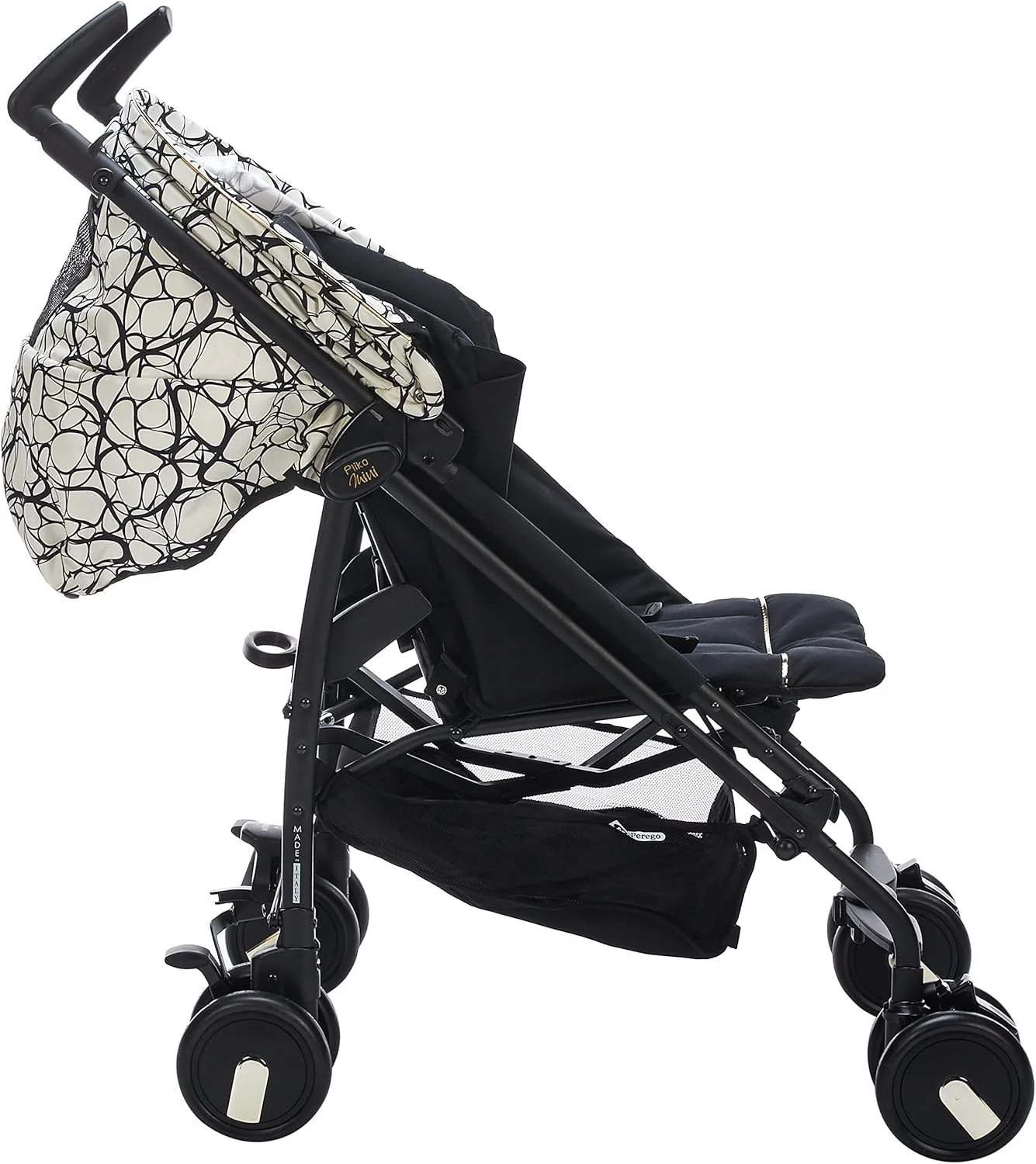 کالسکه تاشو چتری سبک و جمع و جور Pliko Mini، تایید شده از بدو تولد تا 22 کیلوگرم، چرخ های تعلیق نرم، پشتی تکیه گاه و سایبان UPF 50+، تاشو آسان و دسته های ارگونومیک، مشکی/طلایی/سفید
