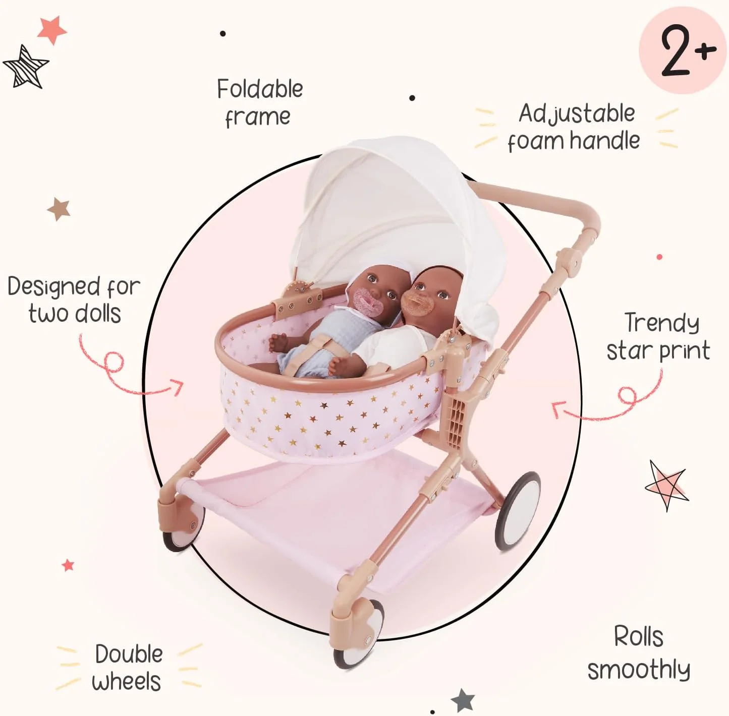 کالسکه عروسک دوقلو LullaBaby - کالسکه اسباب بازی صورتی با ستاره های طلایی - سایبان تاشو، چرخ های گردان و سبد ذخیره سازی - لوازم جانبی عروسک - اسباب بازی برای کودکان 2 سال به بالا - کالسکه عروسک دوتایی کالسکه عروسک دوقلو LullaBaby - کالسکه اسباب بازی صورتی با ستاره های طلایی - سایبان تاشو، چرخ های گردان و سبد ذخیره سازی - لوازم جانبی عروسک - اسباب بازی برای کودکان 2 سال به بالا - کالسکه عروسک دوتایی