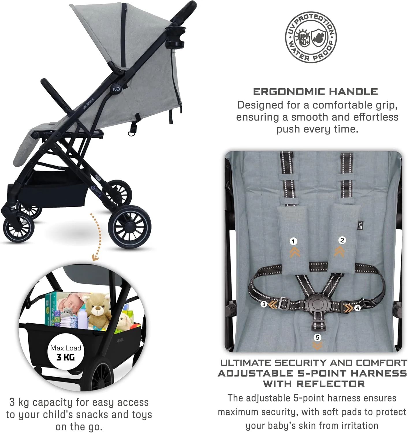 کالسکه مسافرتی سبک و جمع و جور کودک نوپا پنتا به همراه جا لیوانی، کالسکه بچه گانه با دسته فشاری، تاشو سریع و قفل خودکار، سایبان ضد آب UPF 50+ مناسب 0-3 سال، 15 کیلوگرم کالسکه مسافرتی سبک و جمع و جور کودک نوپا پنتا به همراه جا لیوانی، کالسکه بچه گانه با دسته فشاری، تاشو سریع و قفل خودکار، سایبان ضد آب UPF 50+ مناسب 0-3 سال، 15 کیلوگرم