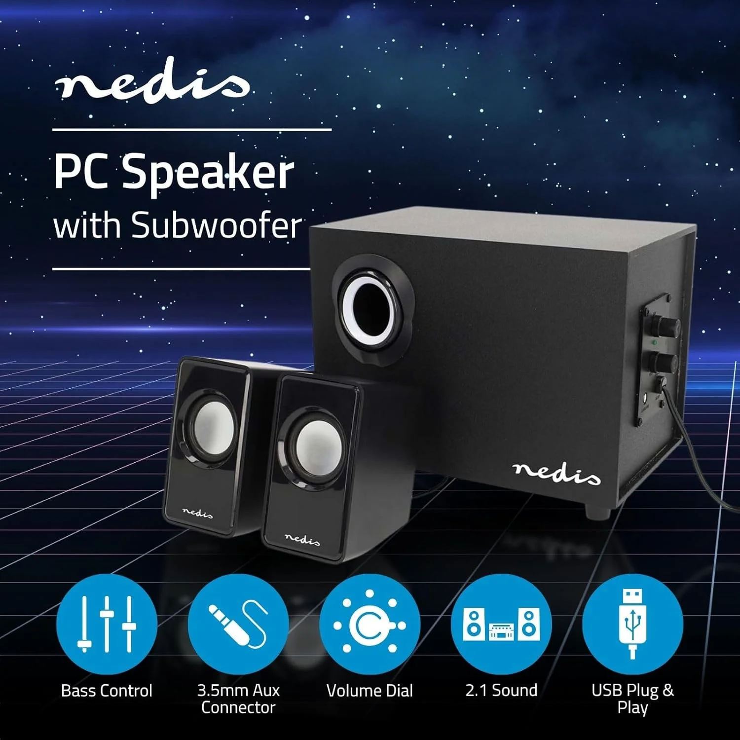 اسپیکرهای کامپیوتر NEDIS | 2.1 کاناله | 33 وات | اتصالات - ورودی: 1 عدد 3.5 میلیمتری | تغذیه از طریق USB | کنترل صدا مشکی اسپیکرهای کامپیوتر NEDIS | 2.1 کاناله | 33 وات | اتصالات - ورودی: 1 عدد 3.5 میلیمتری | تغذیه از طریق USB | کنترل صدا مشکی