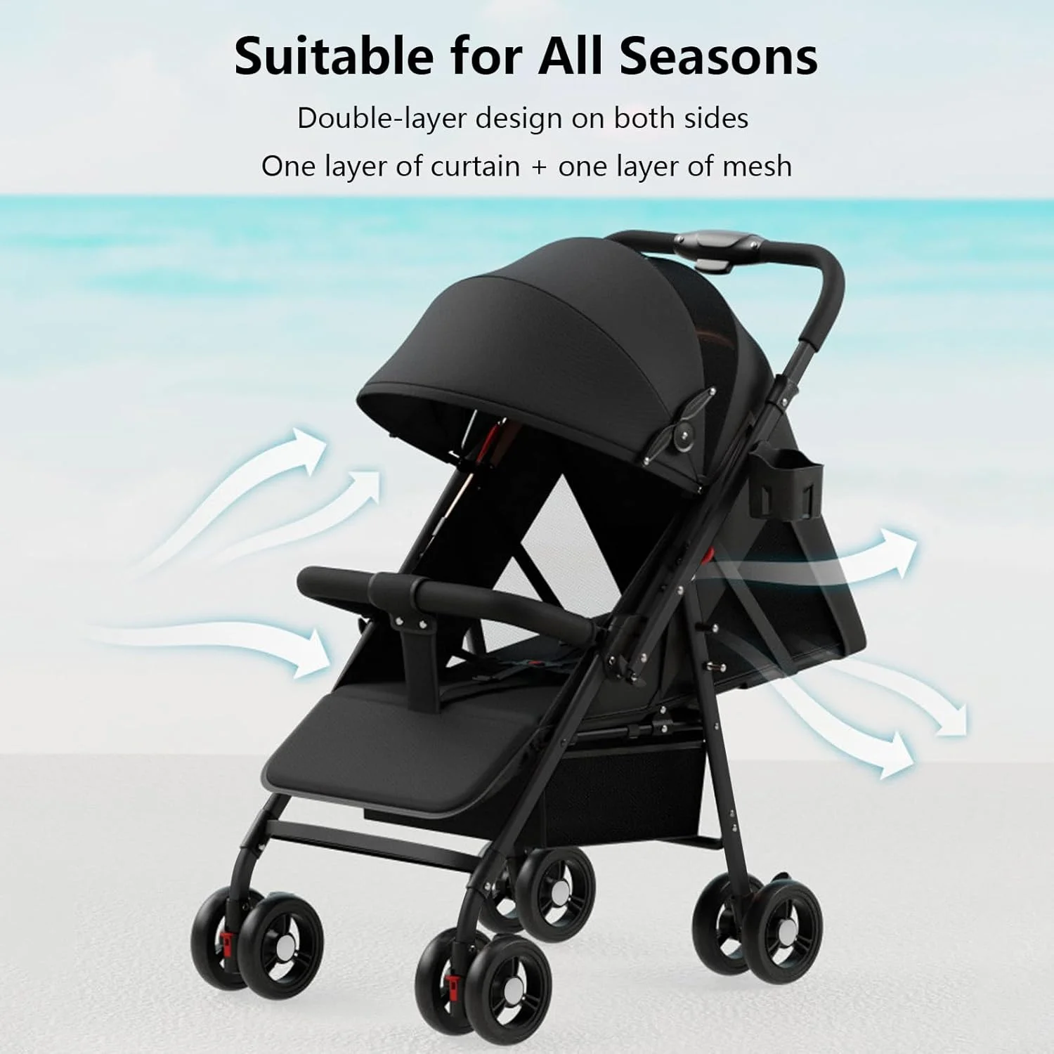 کالسکه سبک وزن برای نوزاد، کالسکه مسافرتی، کالسکه دو طرفه برای هواپیما، باز و بسته شدن با یک لمس، کالسکه نوزاد/تکیه گاه قابل تنظیم/سایبان/سپر T شکل/سینی غذا/تشک خنک کننده